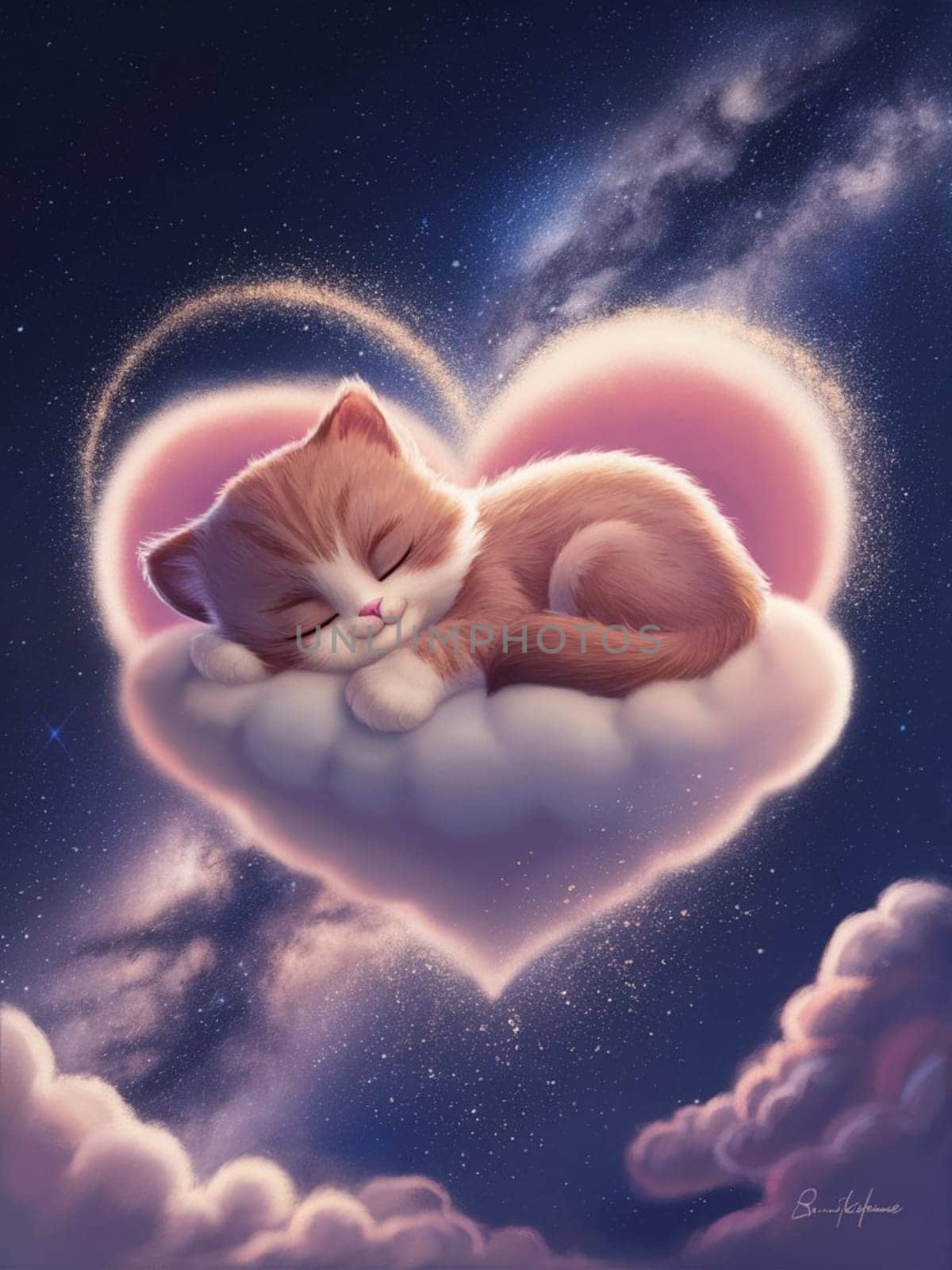 A cat is sleeping on a heart shaped cloud. The cat is brown and white. The moon is in the background ai generated