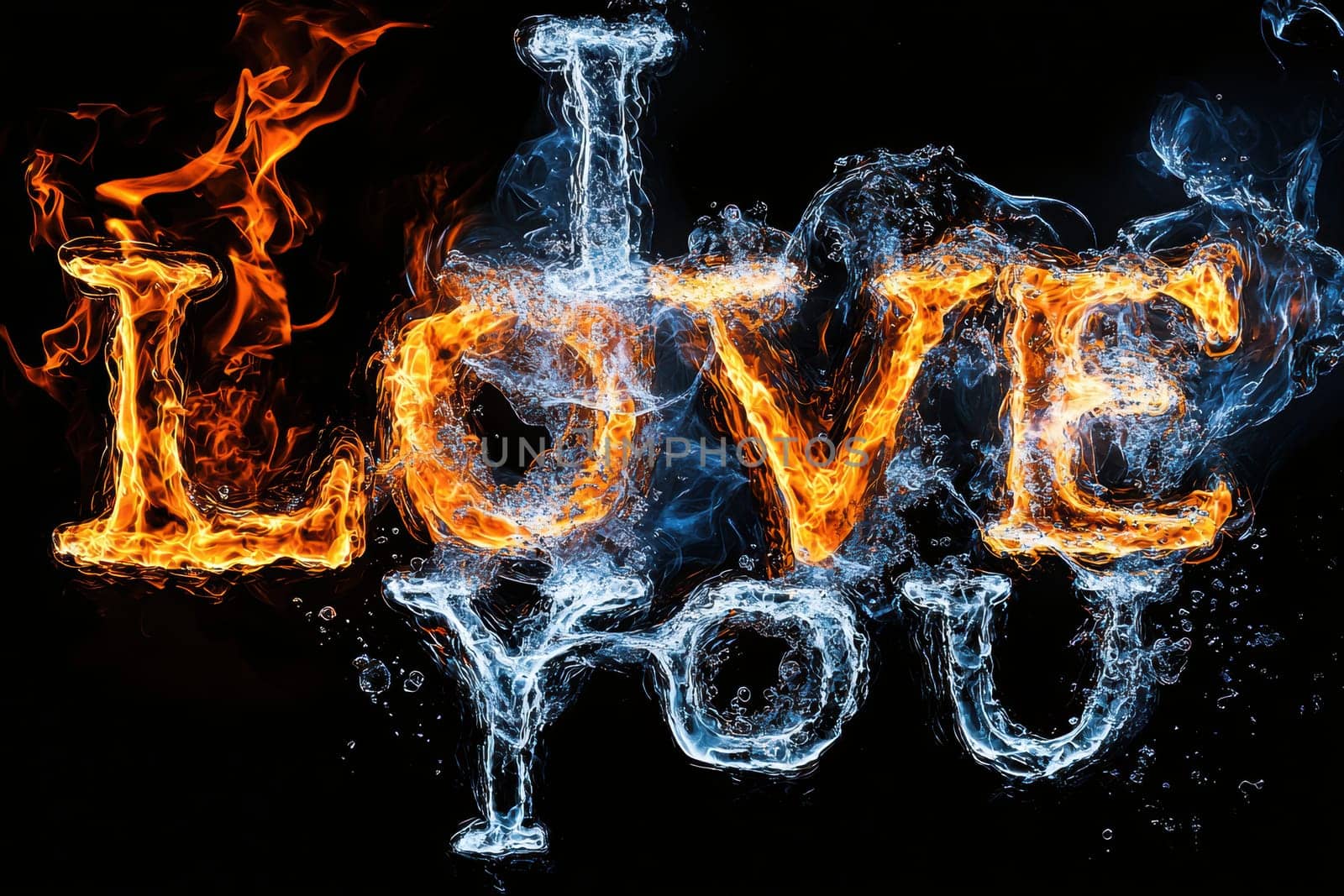 This artwork vibrantly portrays love through fire and water, creating captivating visuals that evoke deep emotions