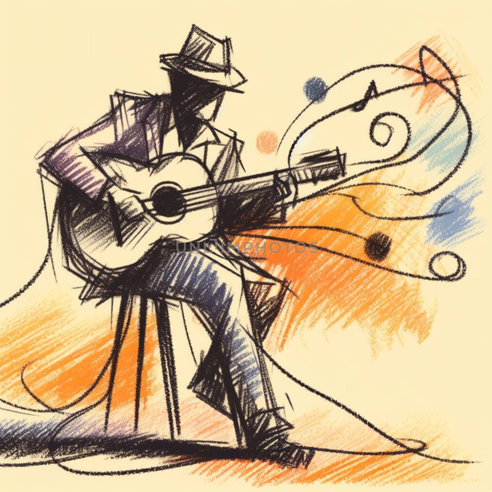 Artistic representation of a stylized guitarist lost in the melody, sketched in vibrant pastel hues