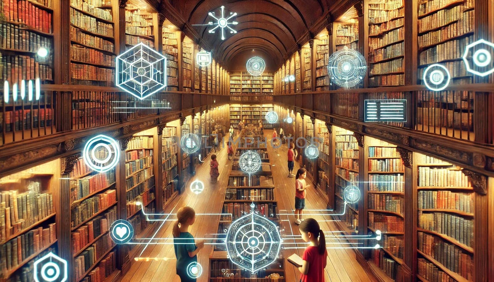 A serene futuristic library with tall wooden bookshelves filled with physical books, paired with floating holographic AI displays. Soft lighting creates a warm contrast between the classic library design and glowing digital projections, inviting both traditional reading and modern learning.