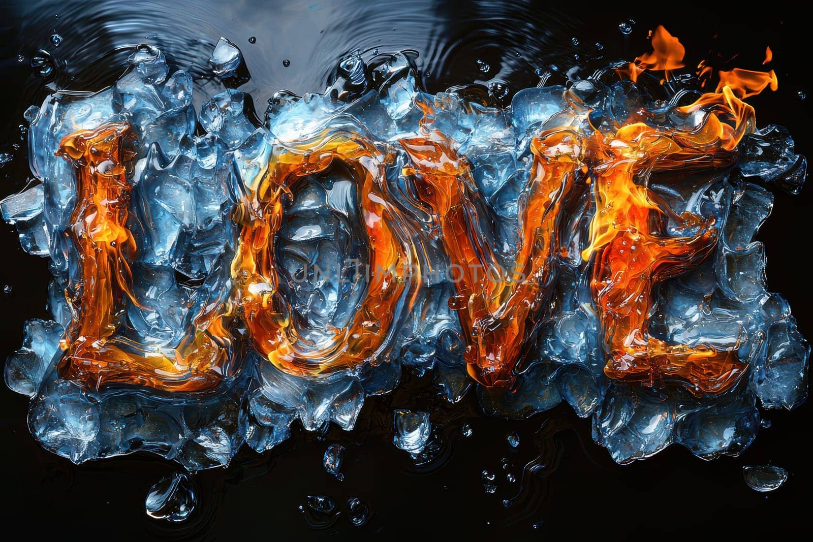 A captivating image showing the word LOVE dramatically rendered in flames against an icy background