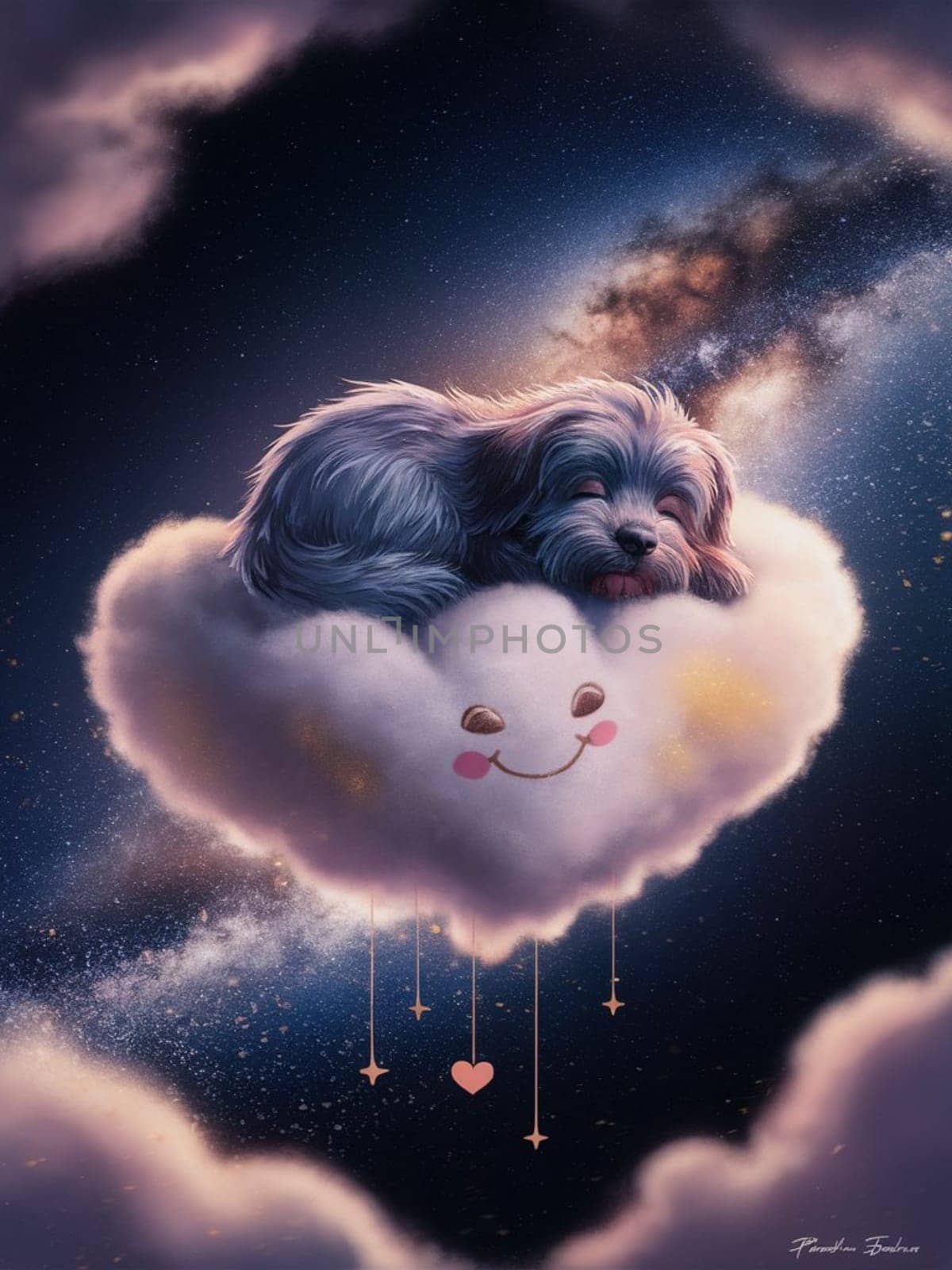 A dog is sleeping on a heart shaped pillow. The pillow is on top of a cloud, ai generated