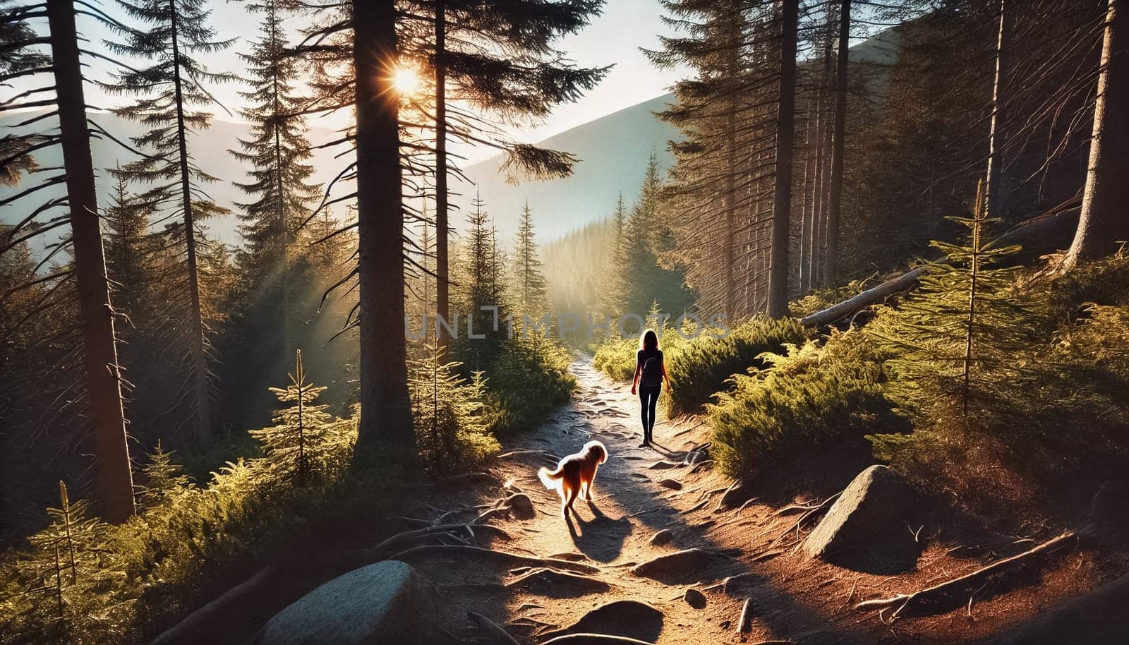 A woman and her dog walk along a forest trail as sunlight filters through the towering trees. The calm, shadowed path creates a tranquil atmosphere, with golden light illuminating the surroundings as they hike together.