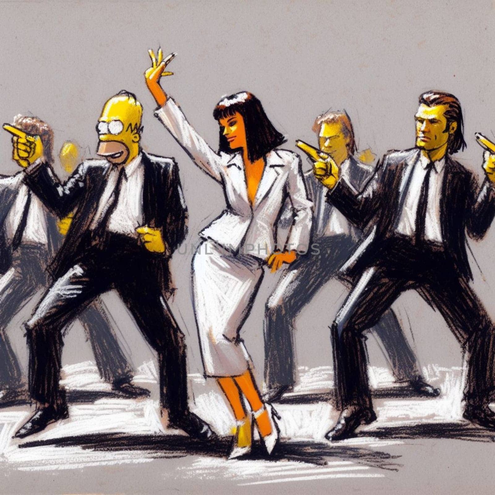 Vibrant cartoon of a diverse team in a business setting, featuring a dancing woman
