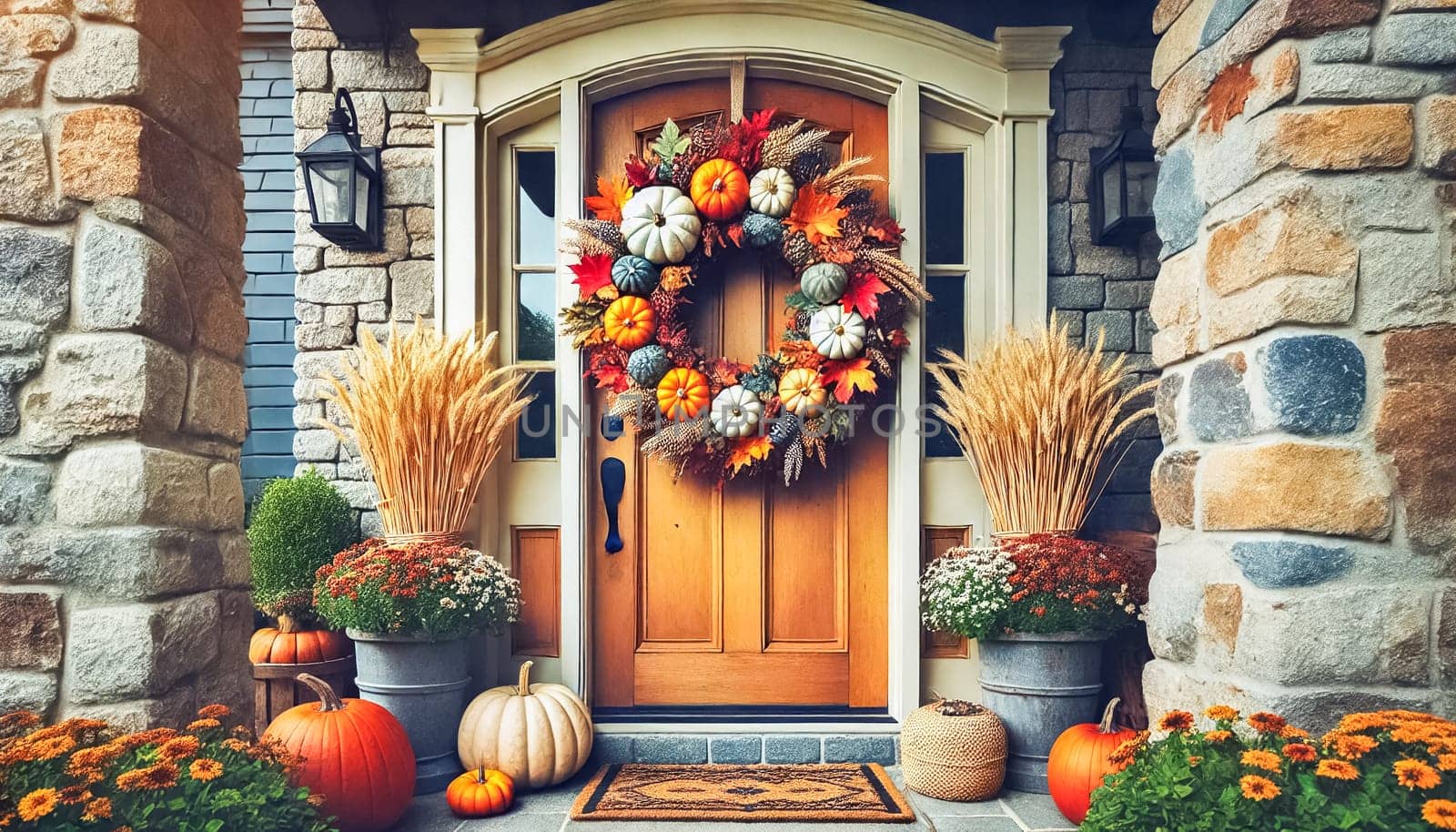 A suburban house’s front porch is subtly decorated with a small autumn wreath featuring pumpkins, berries, and colorful leaves. Potted mums and pumpkins sit on the porch, with a neatly maintained suburban neighborhood visible in the background, creating a cozy seasonal scene.