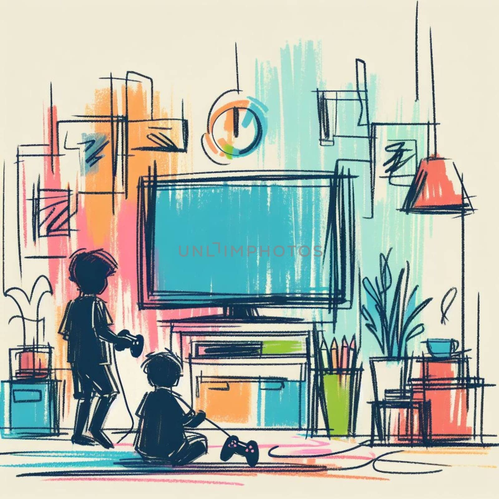Artistic sketch of a cozy family room interior with two children playing on the floor, surrounded by furniture, plants, and a large television screen, in a warm and inviting home setting
