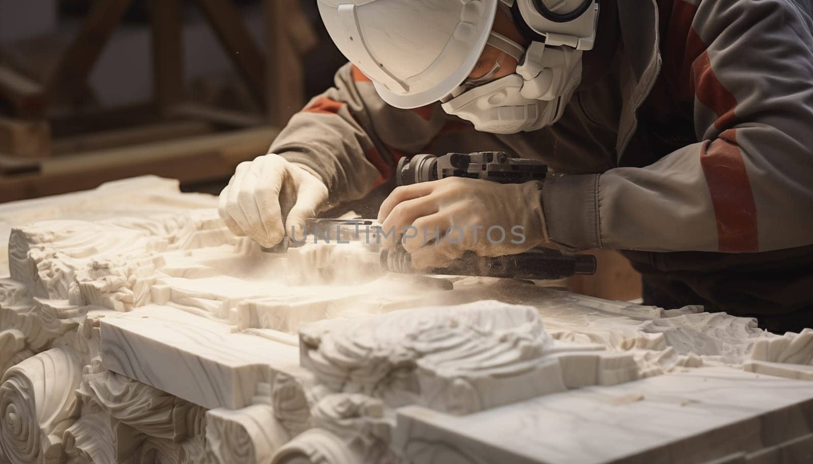 A skilled man is meticulously working on a sculpture in a factory, shaping a masterpiece from a block of stone with precision and expertise.