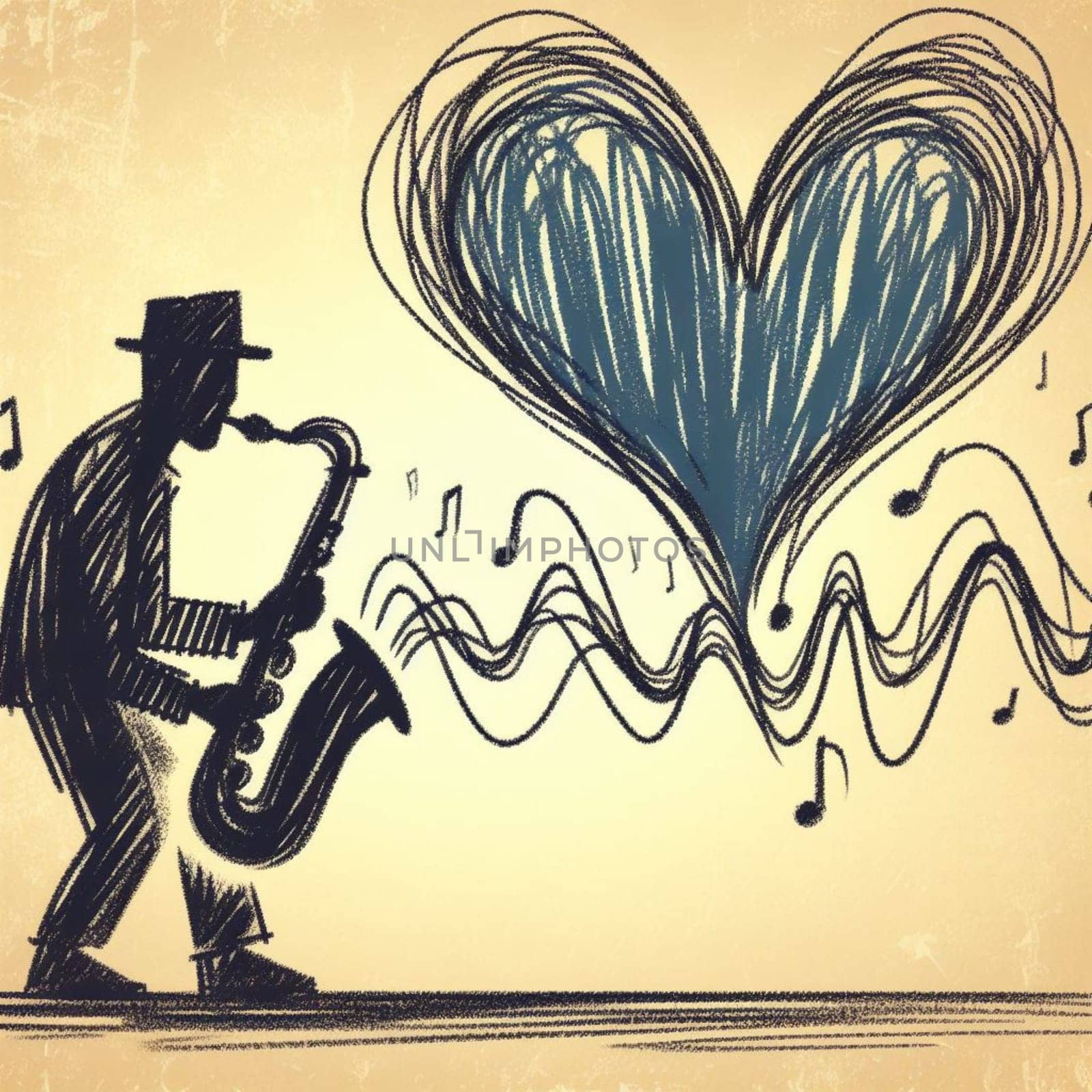 Illustration of a musician playing a saxophone with notes forming a heart shape