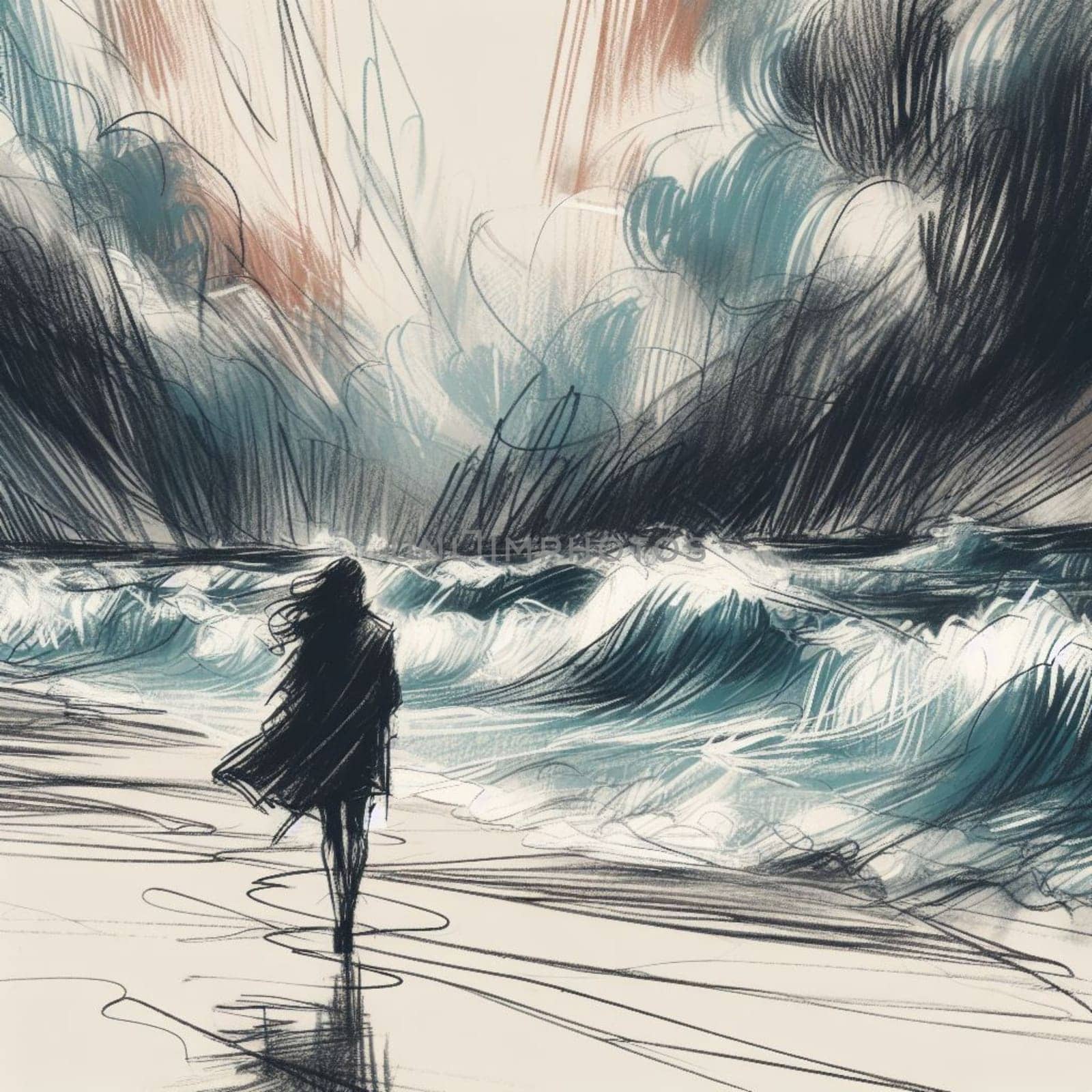 A woman is walking on a beach with a stormy sky in the background. Scene is dark and ominous, with the woman's silhouette against the stormy sky adding to the sense of foreboding