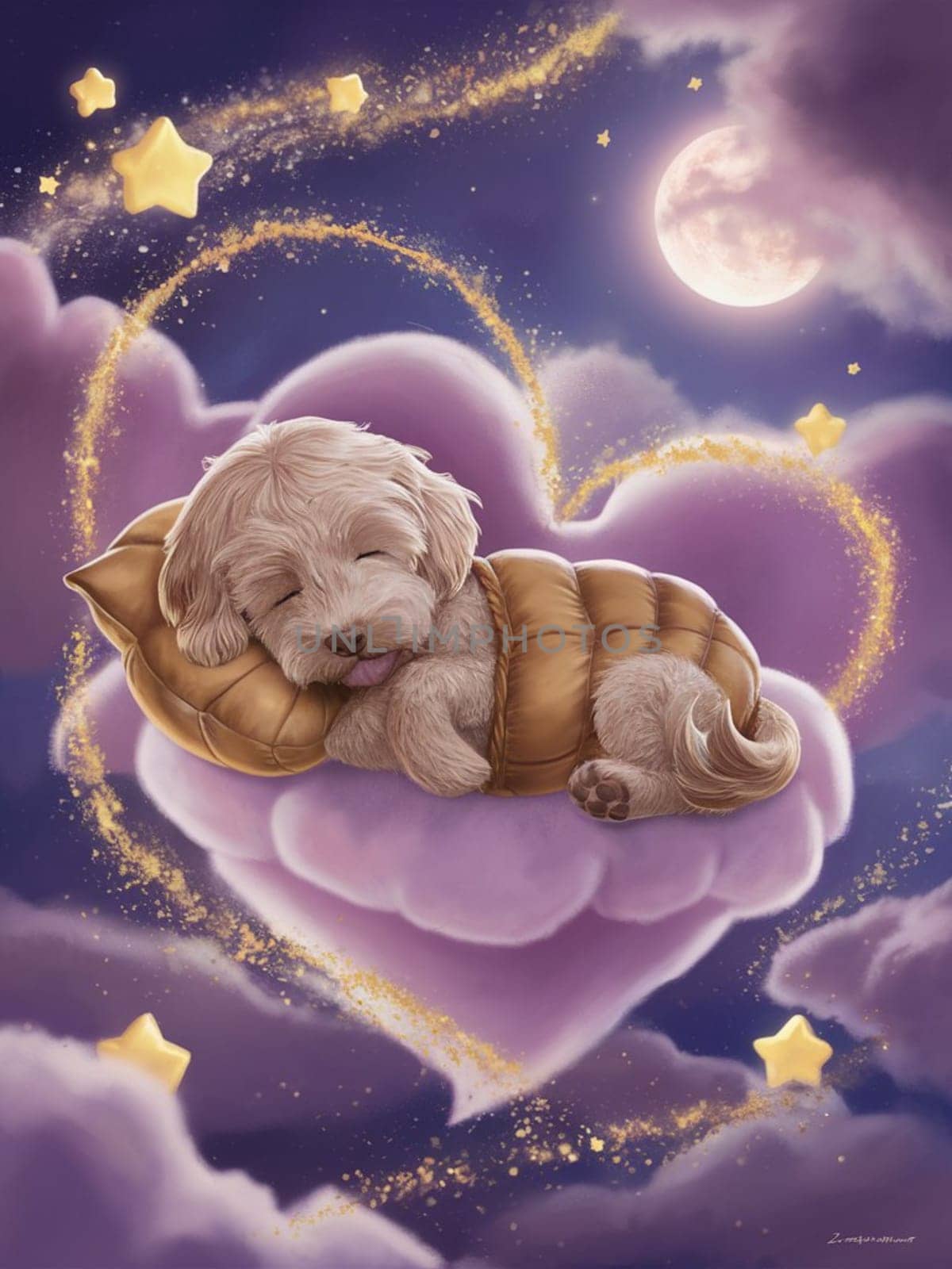 A dog is sleeping on a heart shaped pillow. The pillow is on top of a cloud. The dog is wearing a jacket ai generated