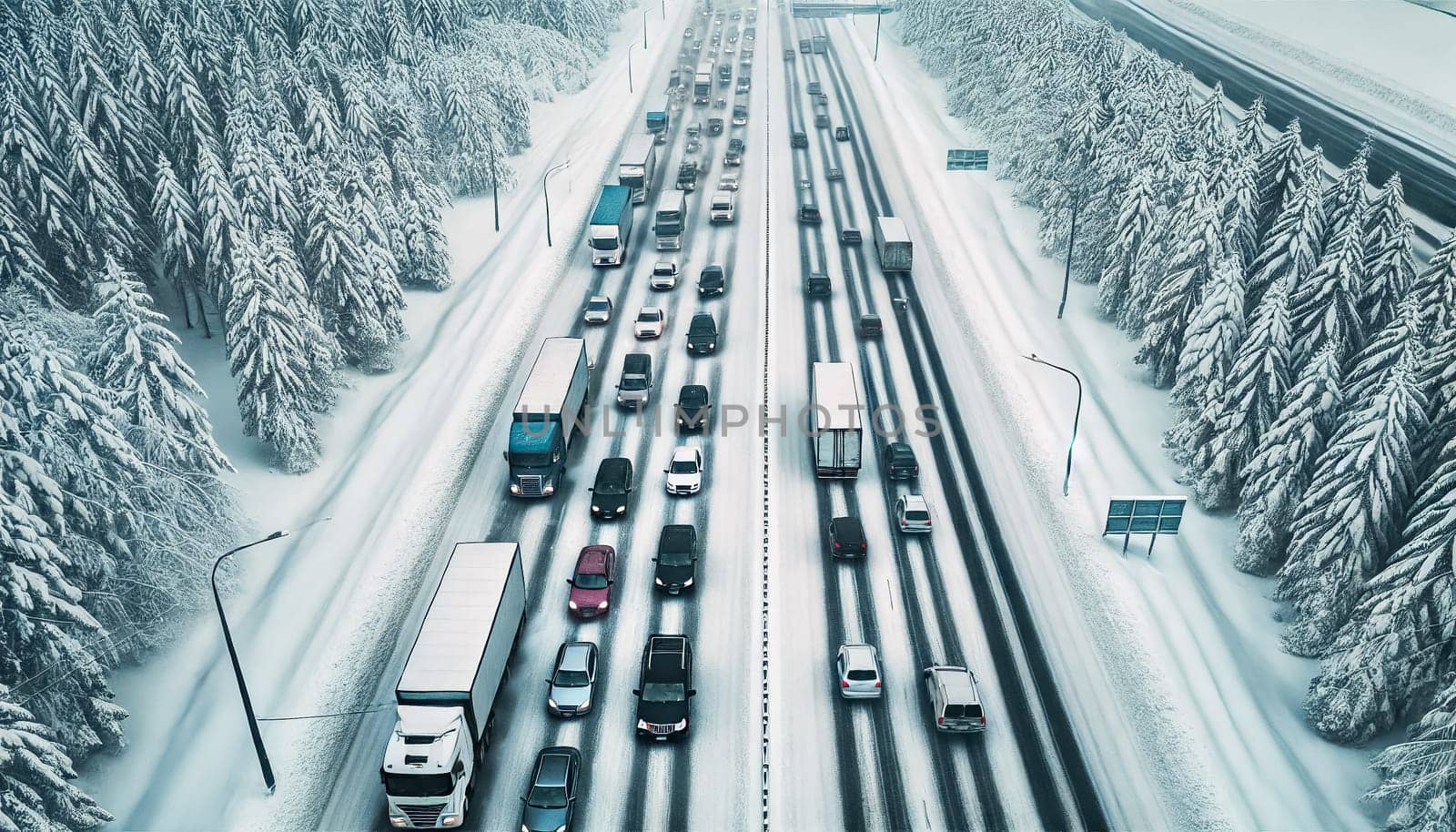 An overhead view shows vehicles navigating a snow-covered highway, surrounded by dense, snow-coated trees. The road is filled with cars and trucks driving slowly through icy conditions, creating a peaceful yet challenging winter commute.