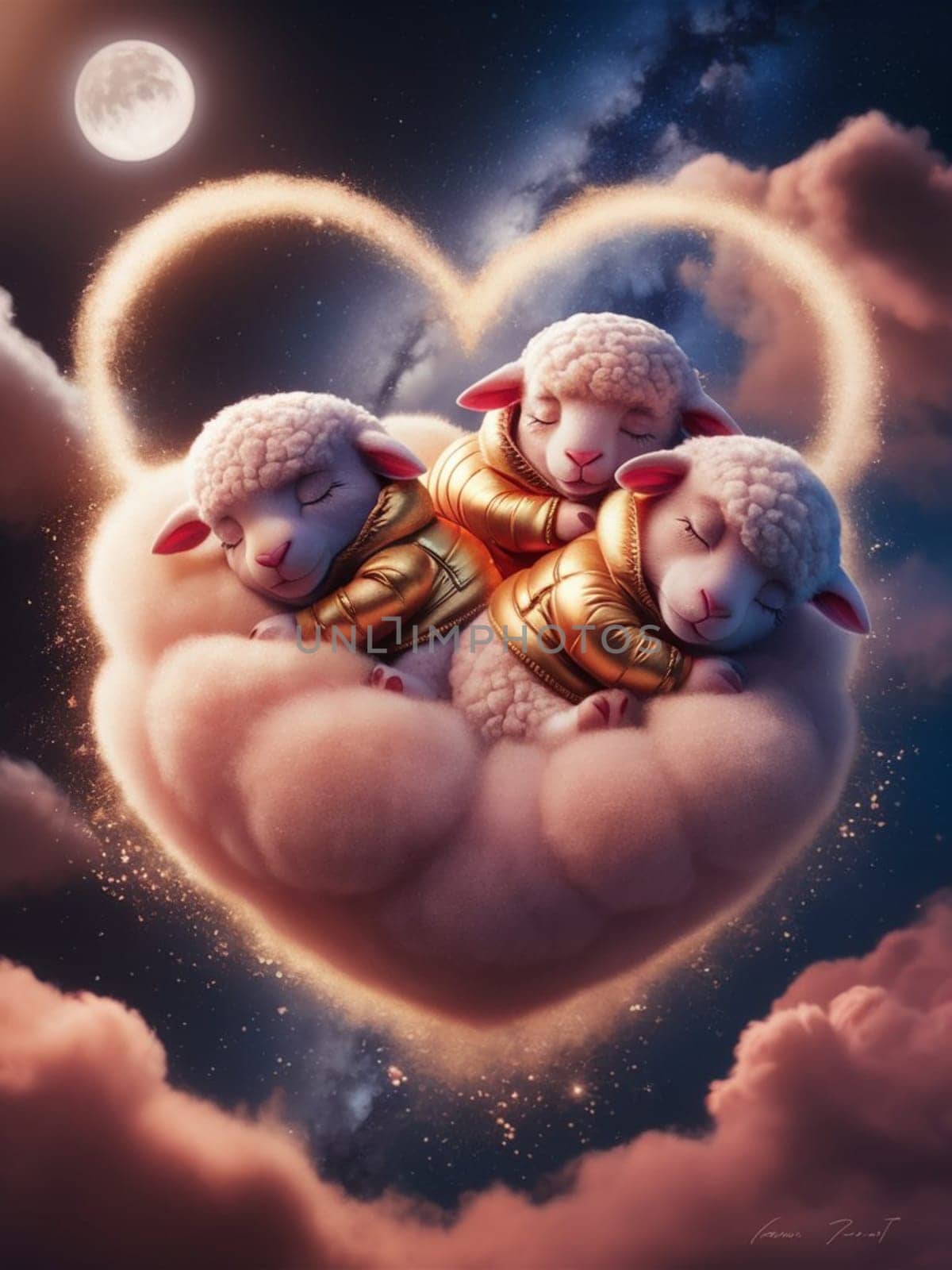Adorable cartoon sheep snuggling on a soft heart cloud with a mesmerizing sunset backdrop ai generated