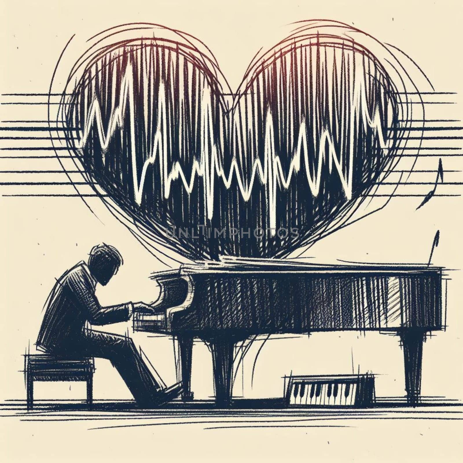 Illustration of a pianist performing with a heartshaped music wave representing a passion for music