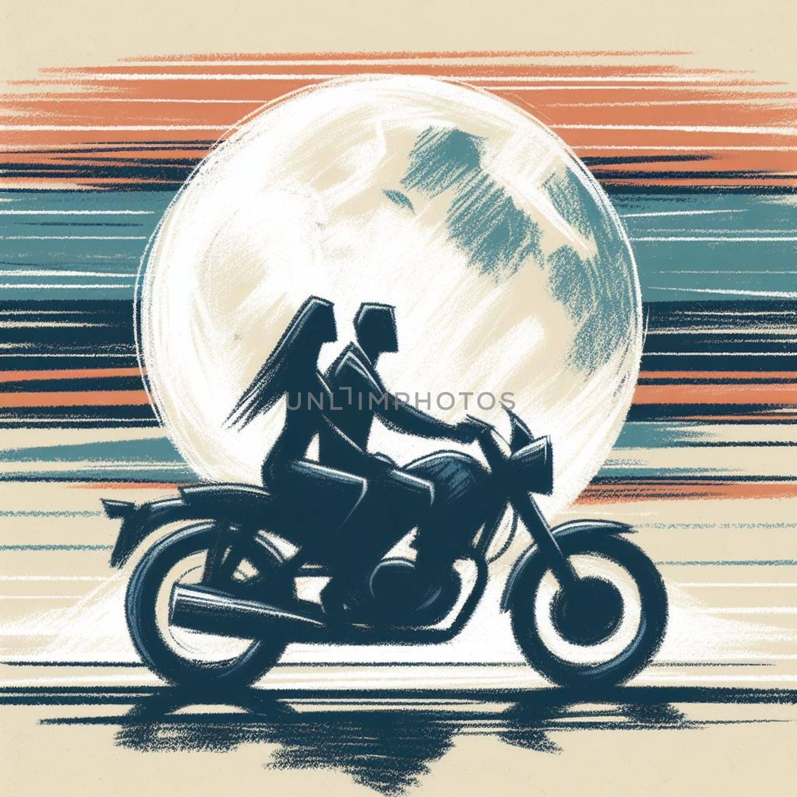 A whimsical sketch of a motorcycle ride against a moonlit sky, crafted in soft pastel tones