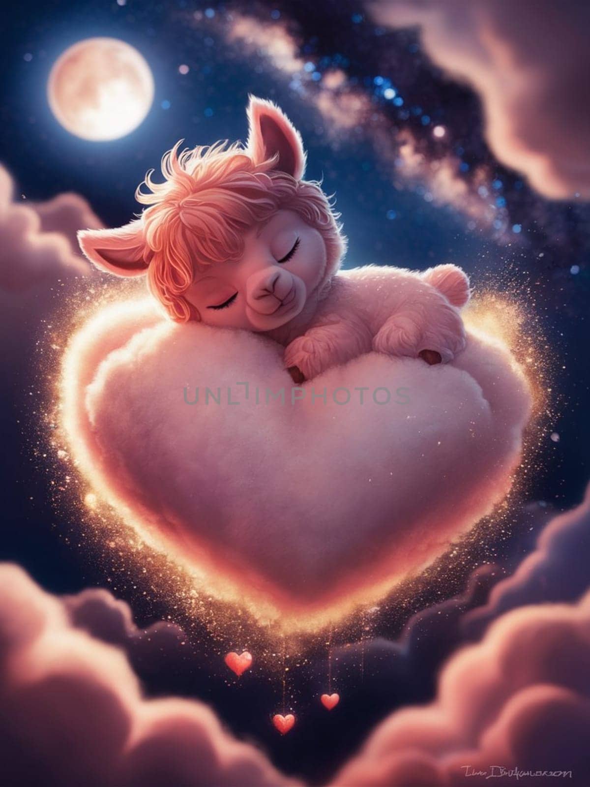 A cute little lamb is sleeping on a heart-shaped cloud, has a whimsical and playful mood, with the lamb's fluffy white fur and the heart-shaped cloud. The scene evokes feelings of warmth ai generated
