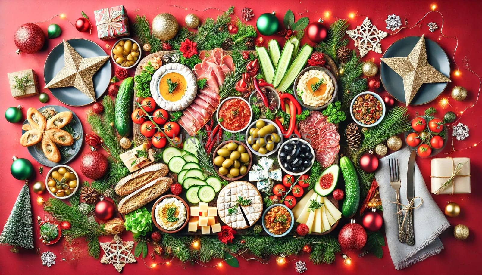A side-angled view of a Mediterranean charcuterie spread on a red background. The layout features fresh vegetables, artisanal cheeses, and cured meats, surrounded by festive decorations like pine branches, ornaments, and twinkling lights, creating a cozy and vibrant holiday atmosphere.