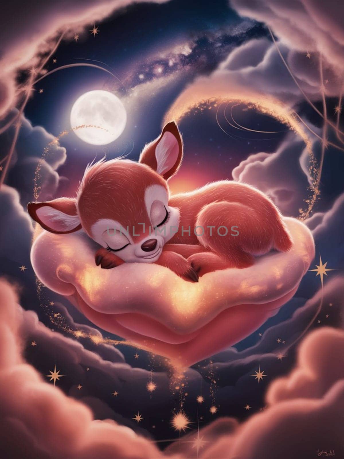 A cute little brown deer is sleeping on a heart. The heart is pink and has a smiling face. The sky is cloudy and the moon is visible in the background. Scene is peaceful and cute ai generated