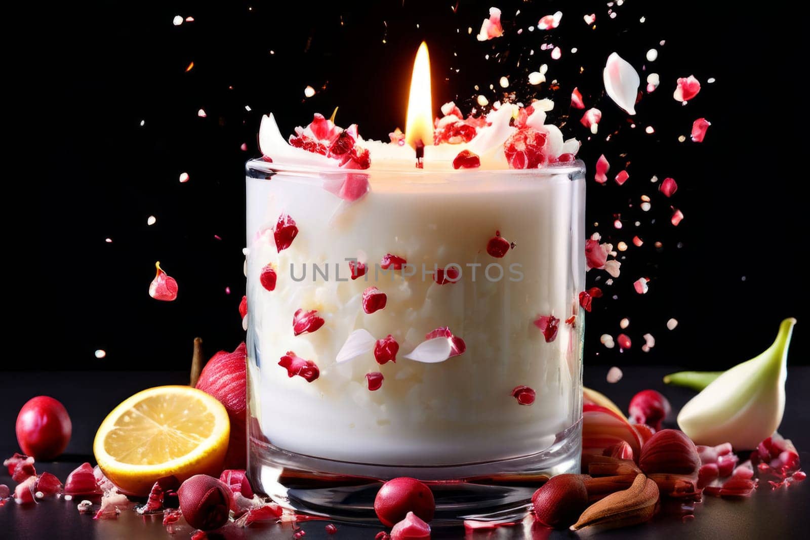 Luxurious candlelight surrounded by vibrant flower petals, fresh lemon, and spices. Ideal for promoting tranquility, wellness, and inviting home decor