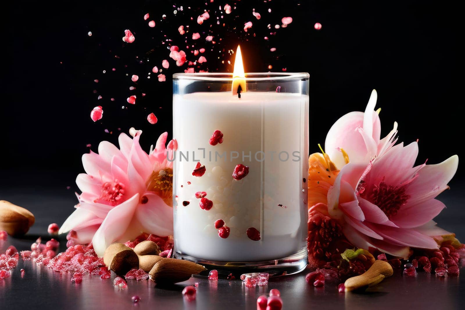 Luxurious candlelight surrounded by vibrant flower petals, fresh lemon, and spices. Ideal for promoting tranquility, wellness, and inviting home decor