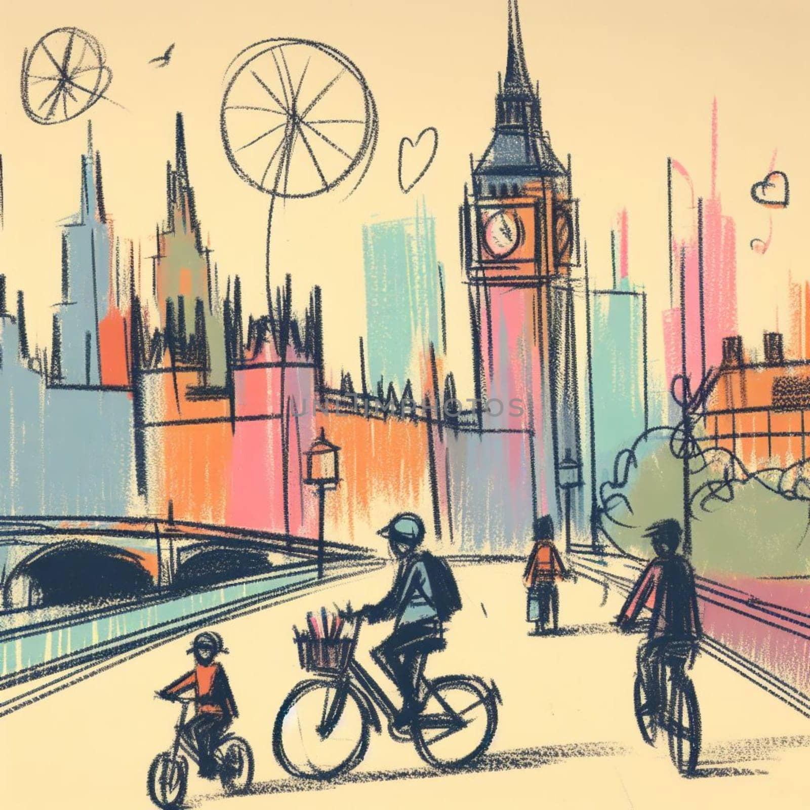Serene hand-drawn illustration depicting cyclists and pedestrians enjoying a sunset ride and walk across a bridge with a stylized city skyline, featuring a prominent clock tower, in the background