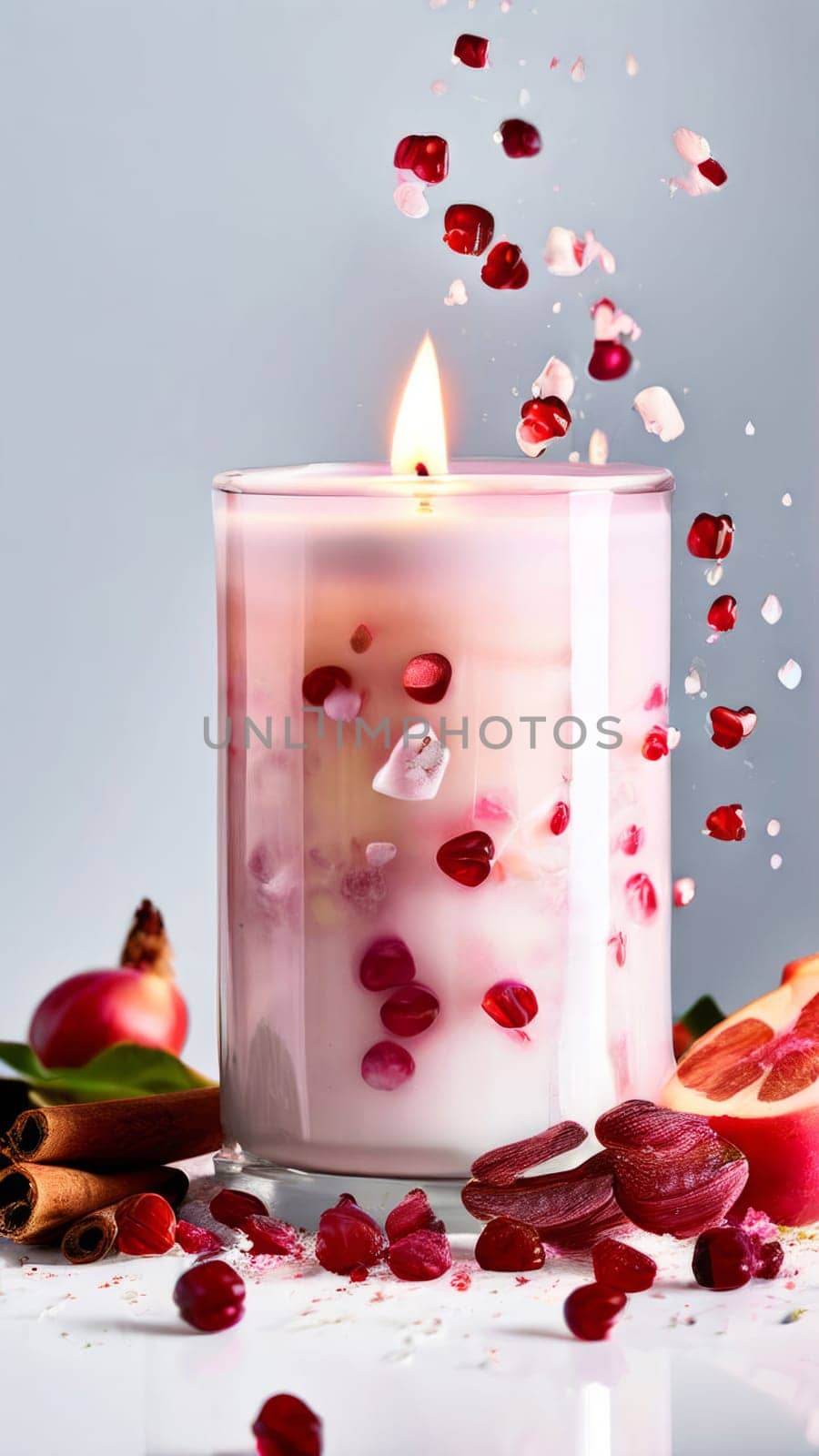 Luxurious candlelight surrounded by vibrant flower petals, fresh lemon, and spices. Ideal for promoting tranquility, wellness, and inviting home decor