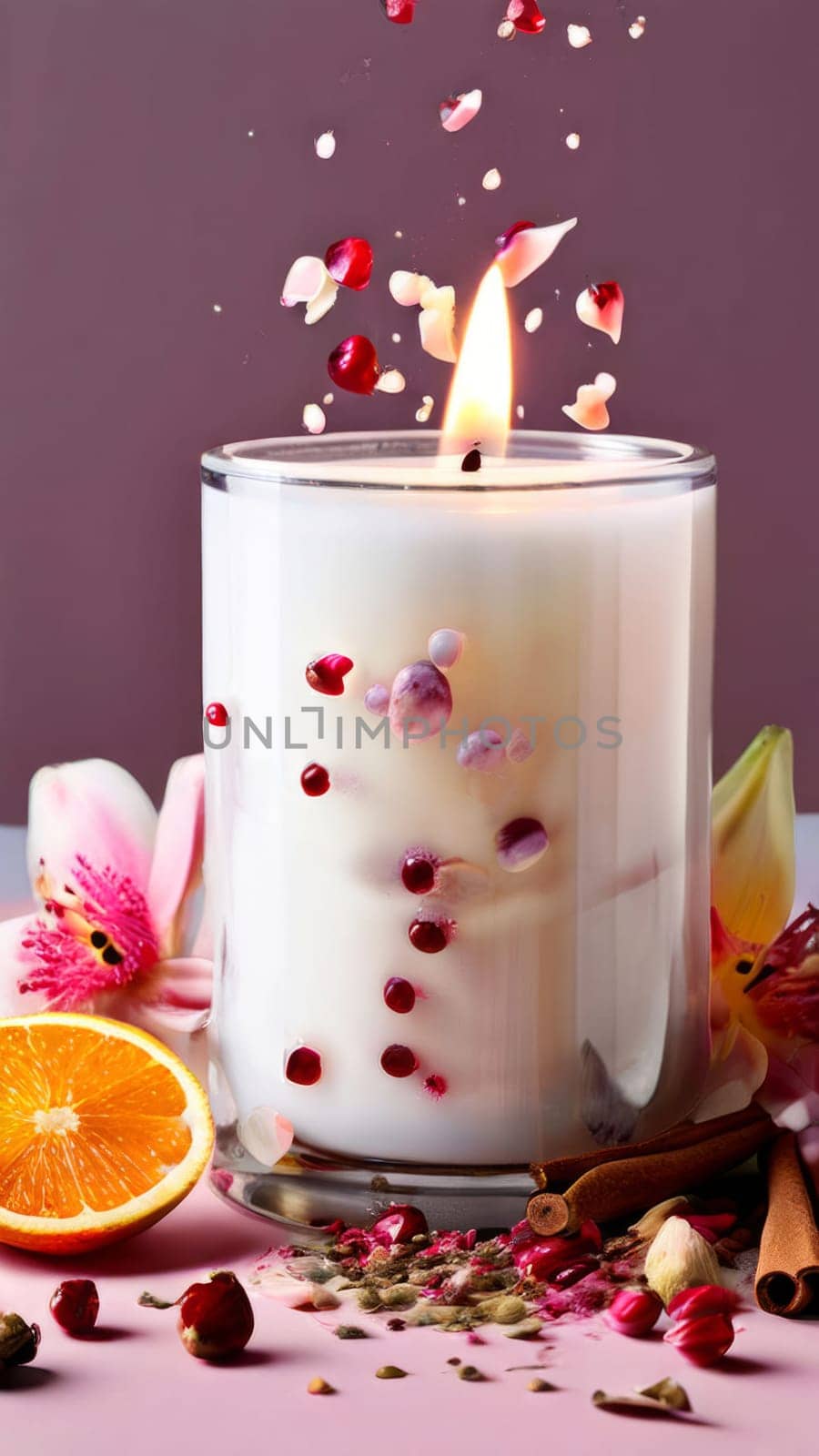 Luxurious candlelight surrounded by vibrant flower petals, fresh lemon, and spices. Ideal for promoting tranquility, wellness, and inviting home decor