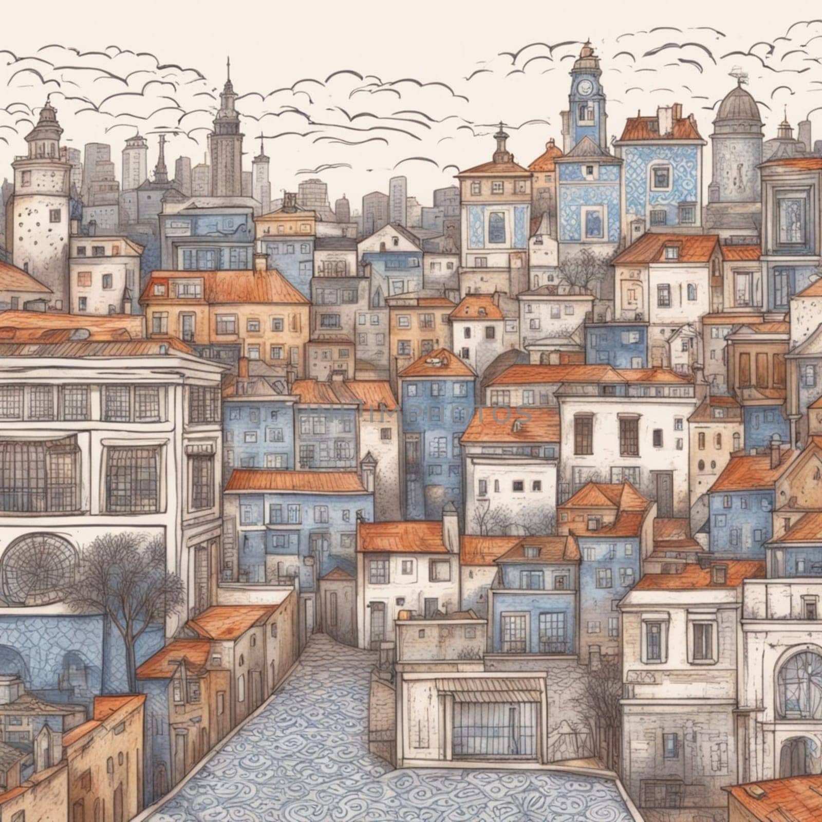 Charming european town captured in artistic drawing, showcasing intricate architecture and cobblestone streets