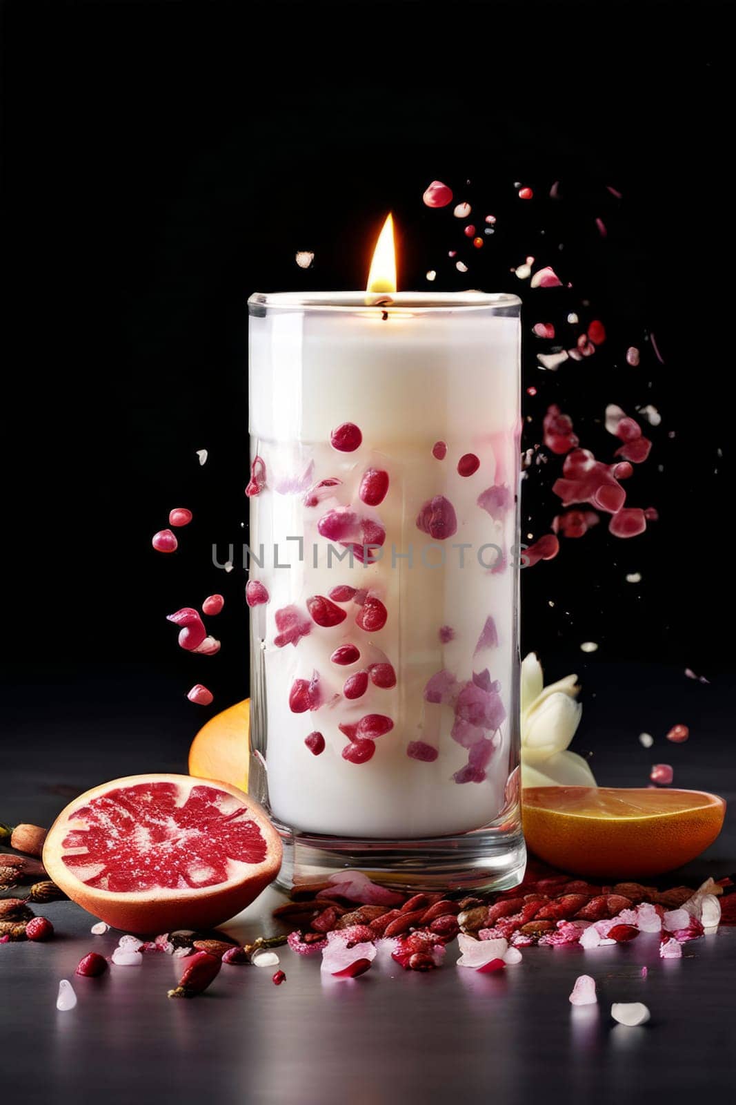 Luxurious candlelight surrounded by vibrant flower petals, fresh lemon, and spices. Ideal for promoting tranquility, wellness, and inviting home decor