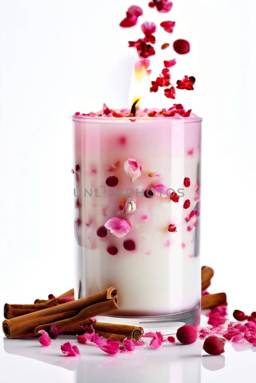 Luxurious candlelight surrounded by vibrant flower petals, fresh lemon, and spices. Ideal for promoting tranquility, wellness, and inviting home decor