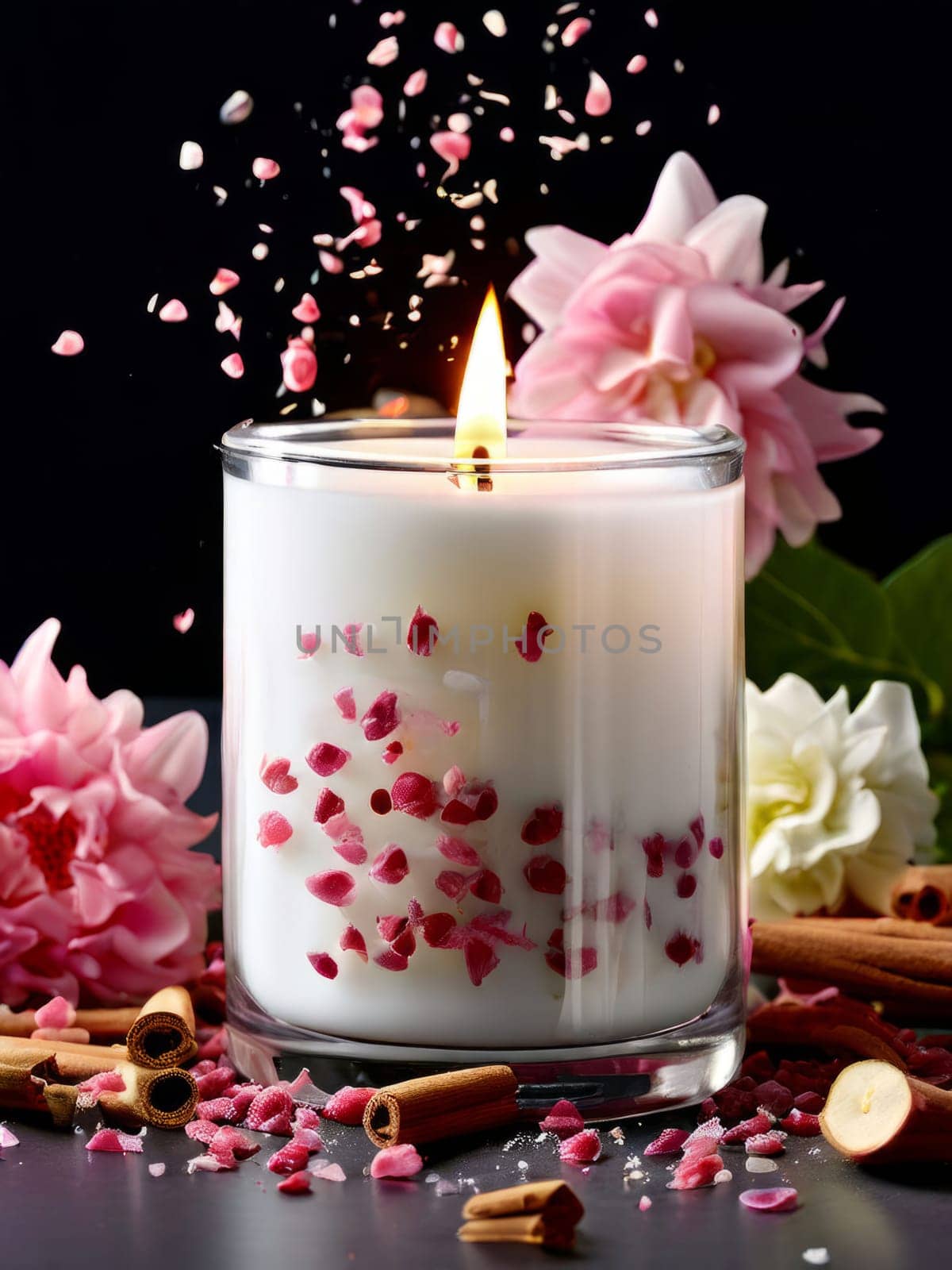 Luxurious candlelight surrounded by vibrant flower petals, fresh lemon, and spices. Ideal for promoting tranquility, wellness, and inviting home decor
