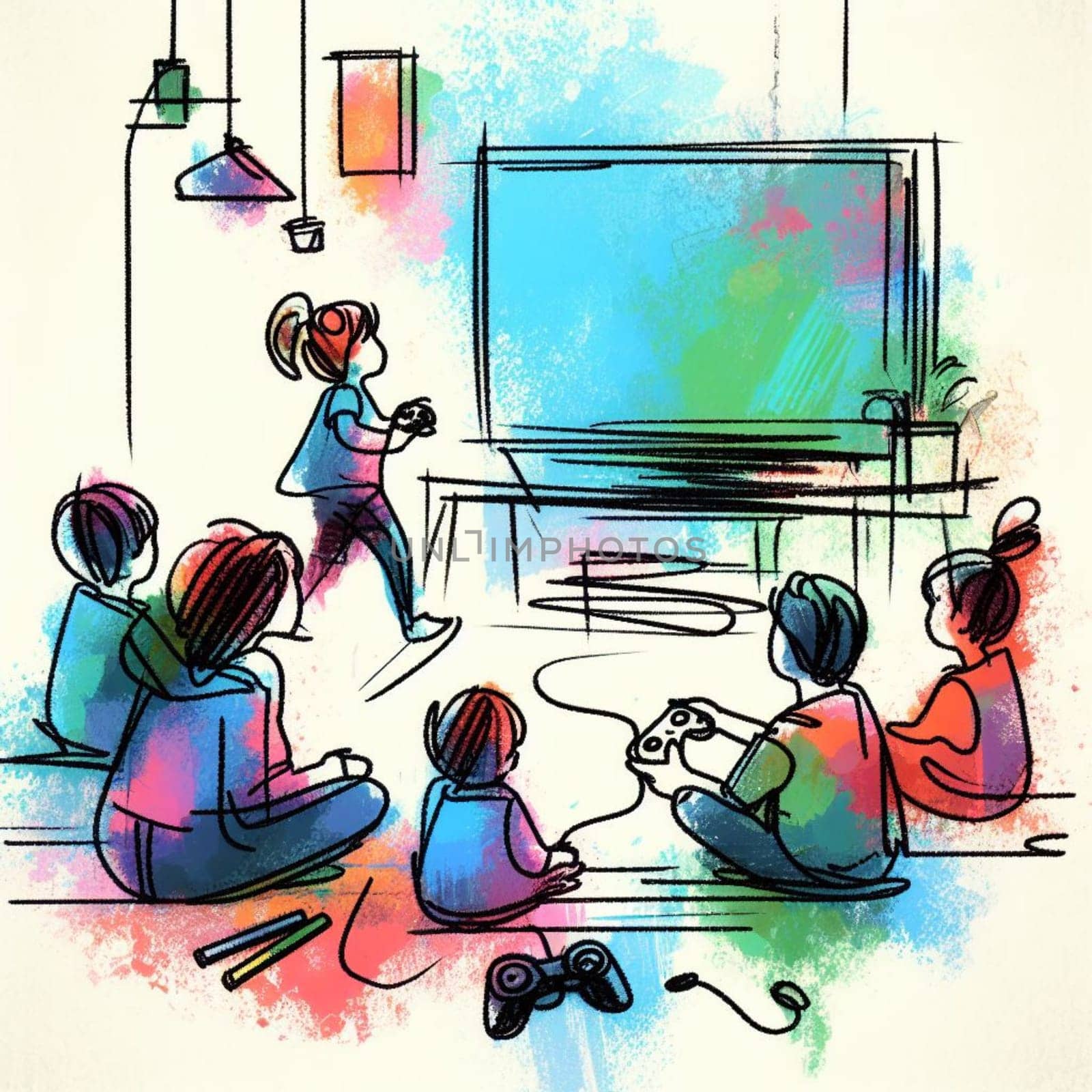 Vibrant drawing depicts kids engaged in a gaming session, with one child holding a controller and friends watching eagerly in a cozy, contemporary interior setting