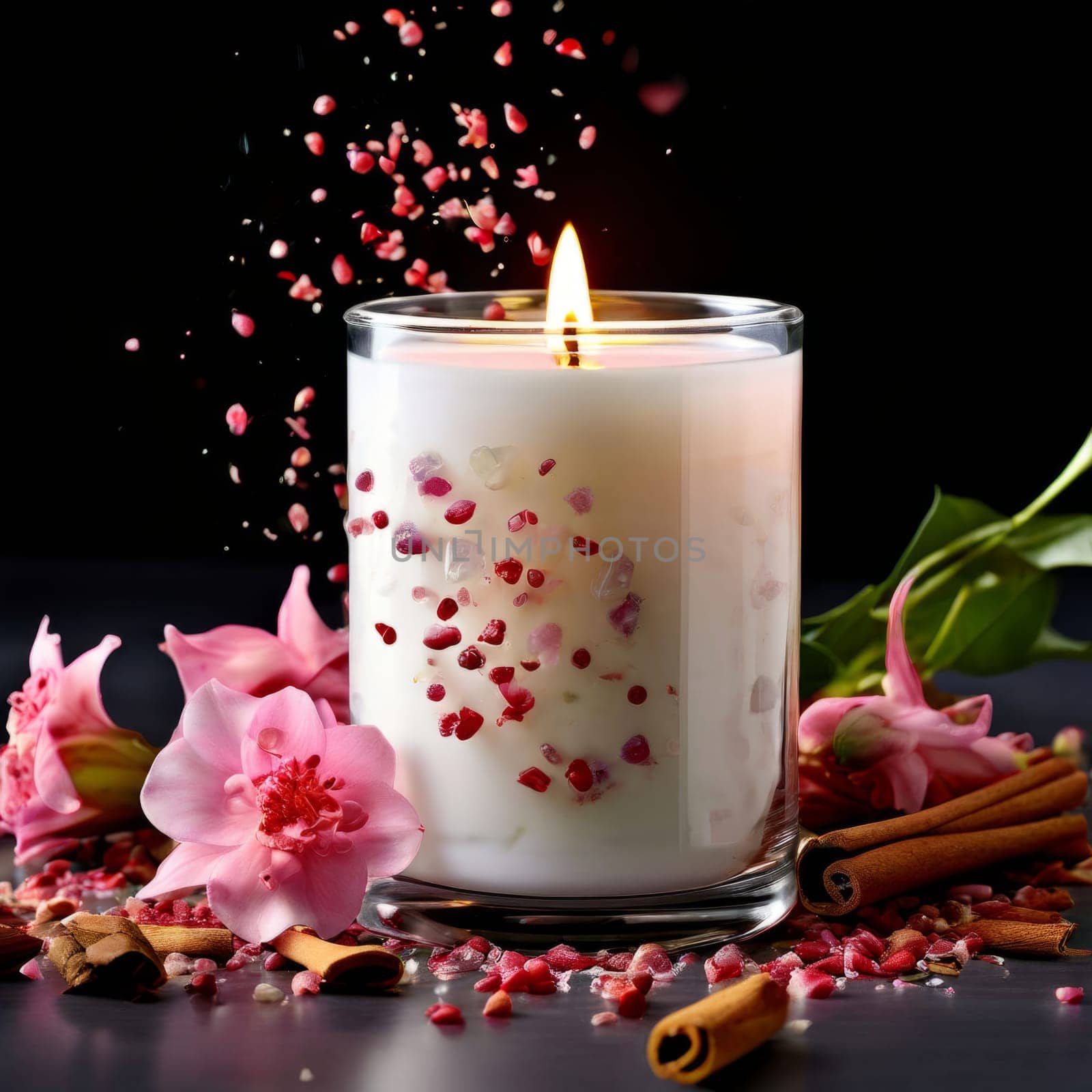 Luxurious candlelight surrounded by vibrant flower petals, fresh lemon, and spices. Ideal for promoting tranquility, wellness, and inviting home decor