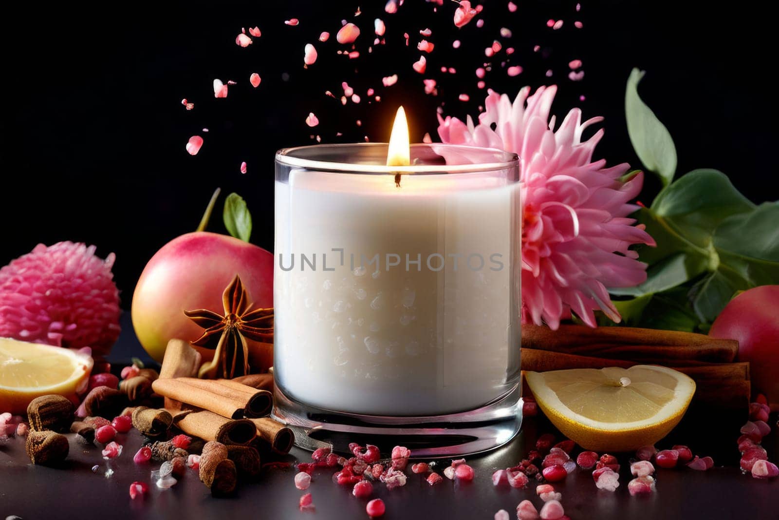 Elegant candle surrounded by vibrant petals, fresh fruits, and aromatic spices. Perfect for creating a cozy atmosphere, ideal for wellness, home decor, and holiday themes