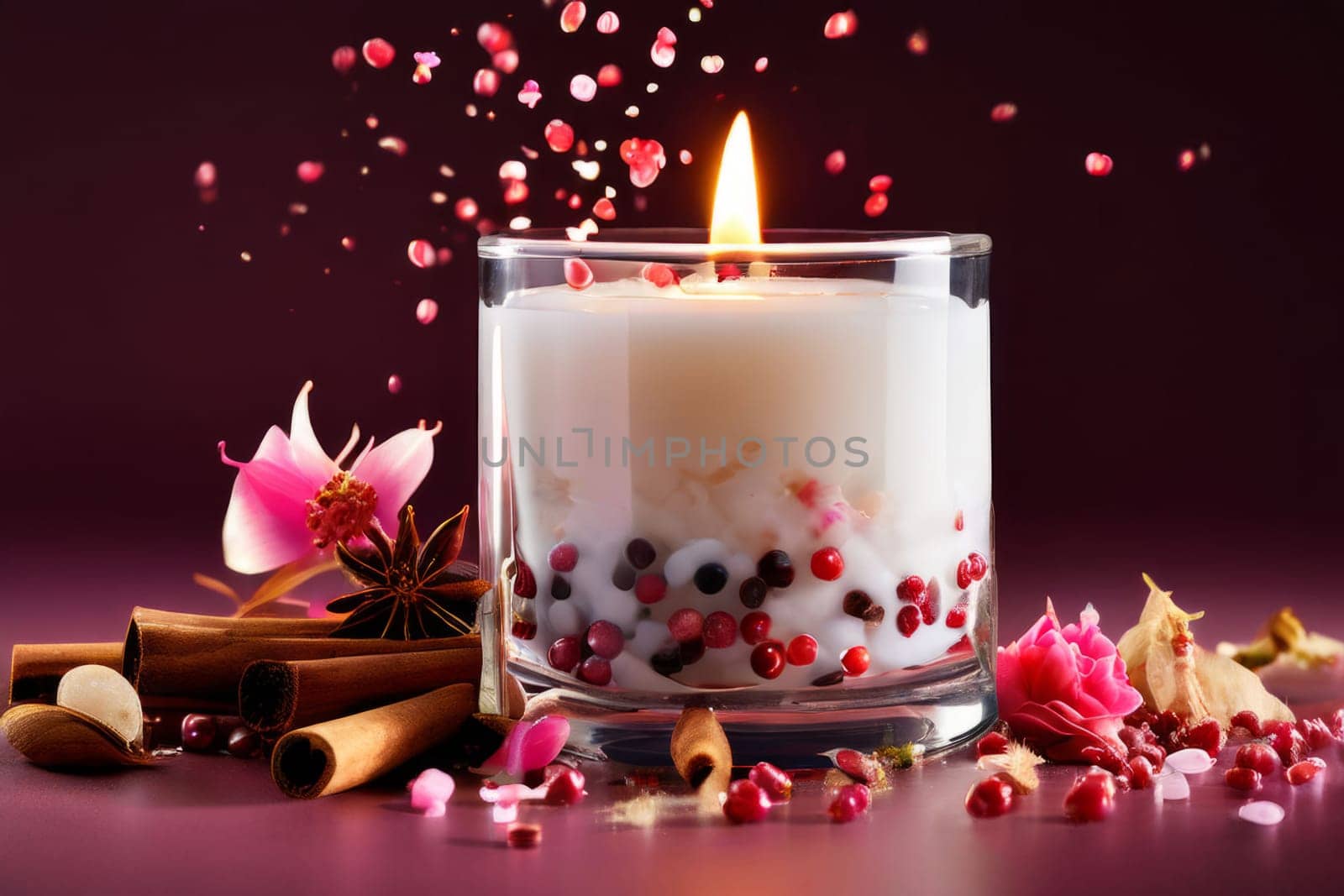 Inviting candle scene with colorful flower petals, citrus slices, and spices. Captures essence of relaxation, ideal for promoting wellness, spa experiences, and home ambiance
