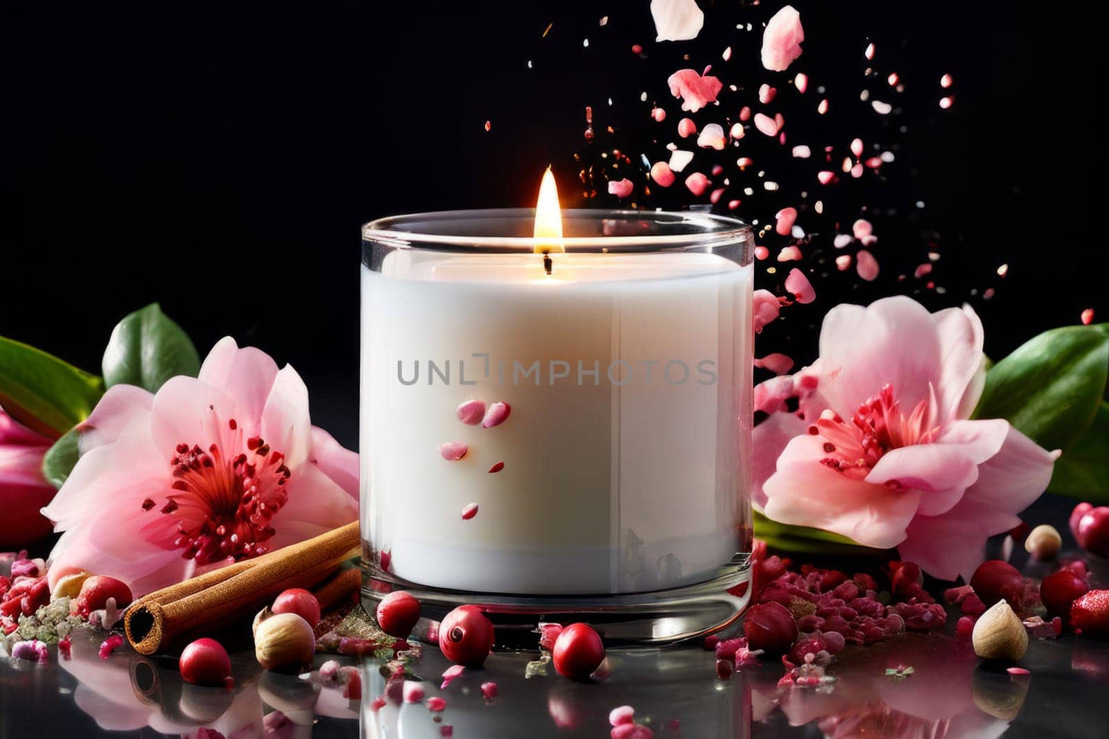 Aromatic candle with fresh fruits, scattered petals, and spices creates a soothing atmosphere. Great for enhancing relaxation, wellness, and lifestyle imagery
