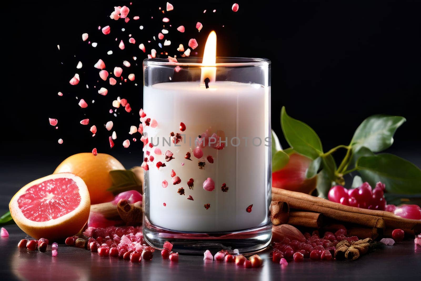 Elegant candle surrounded by vibrant petals, fresh fruits, and aromatic spices. Perfect for creating a cozy atmosphere, ideal for wellness, home decor, and holiday themes