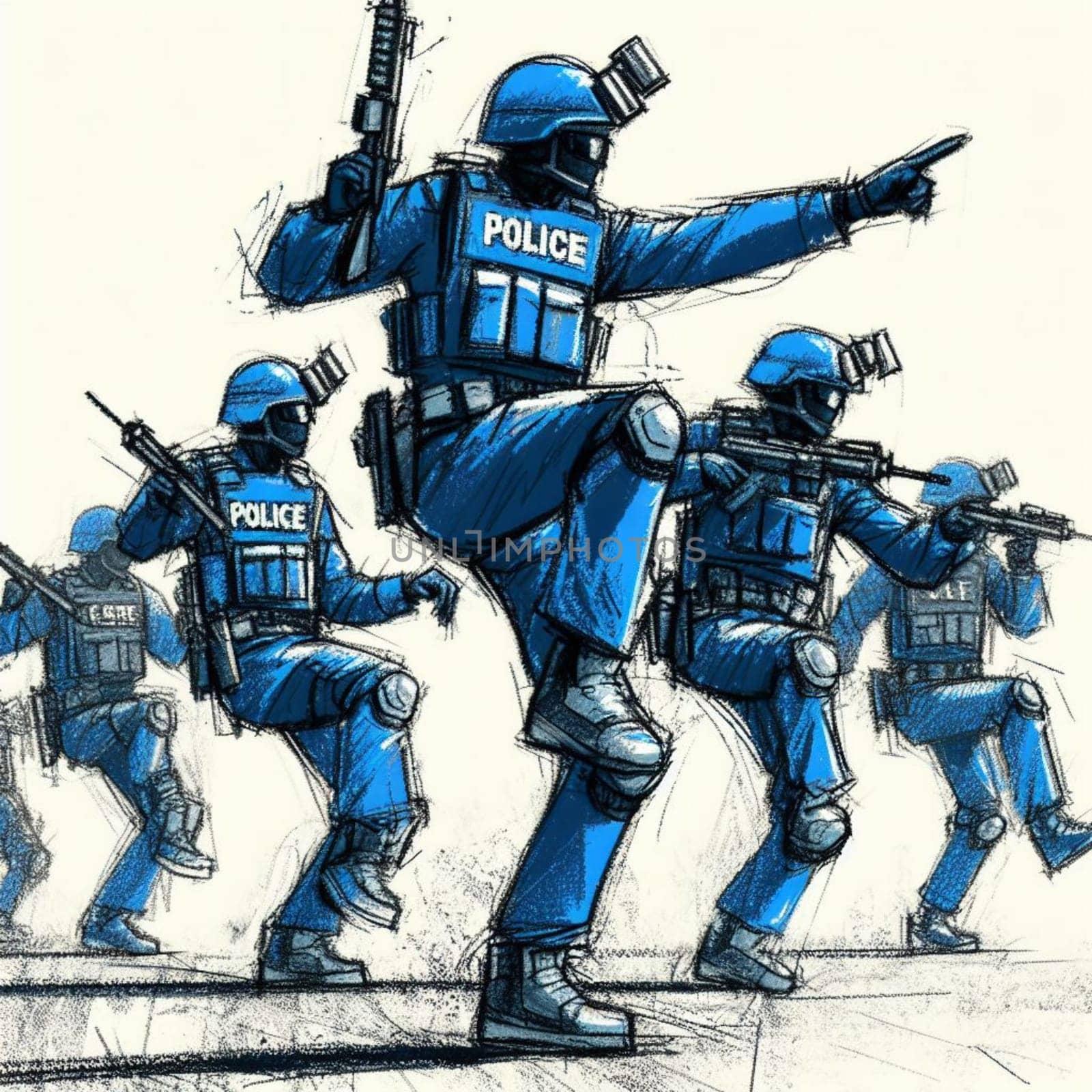 Illustration of an elite police tactical team advancing during a mission