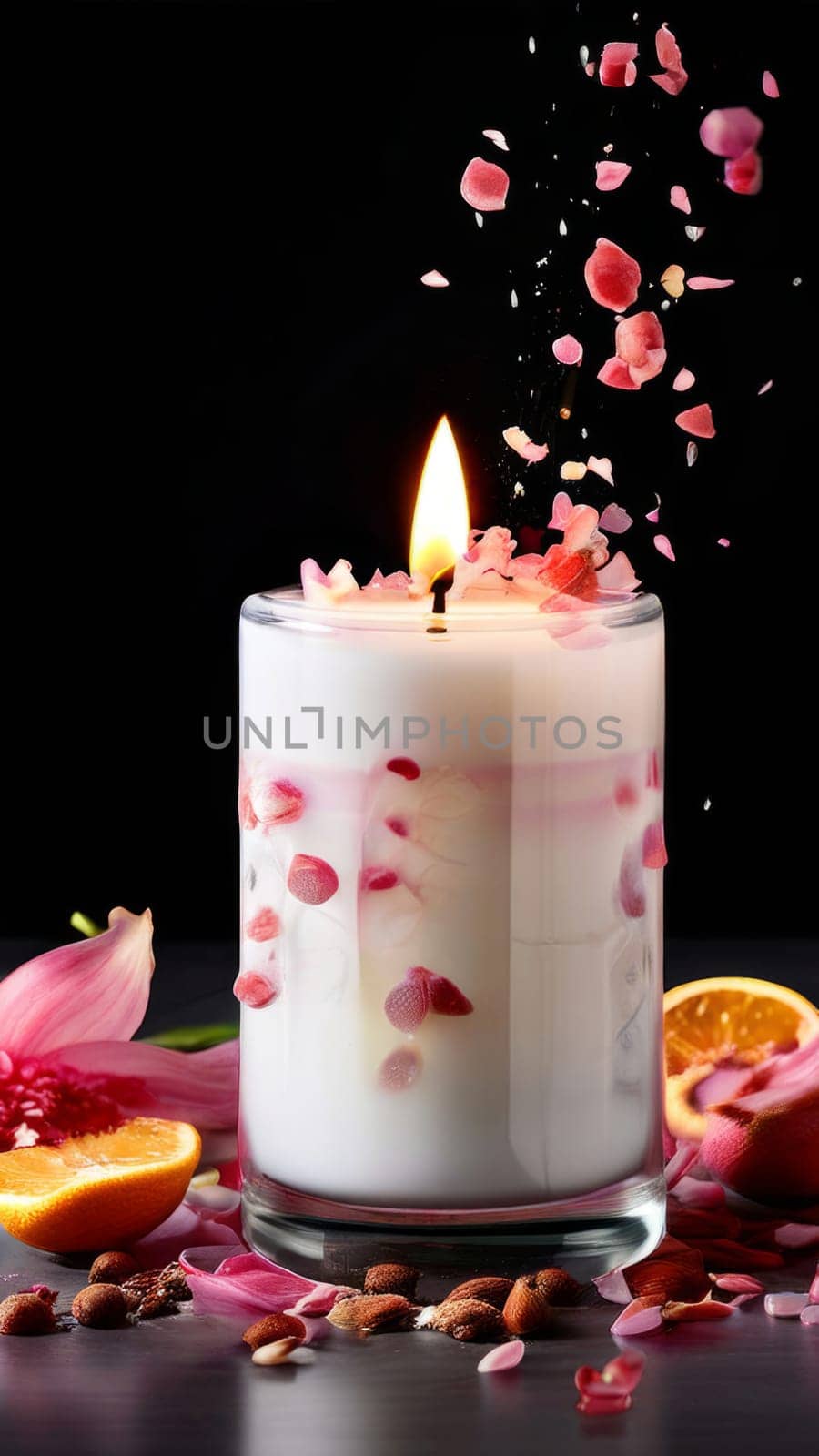 Aromatic candle with fresh fruits, scattered petals, and spices creates a soothing atmosphere. Great for enhancing relaxation, wellness, and lifestyle imagery