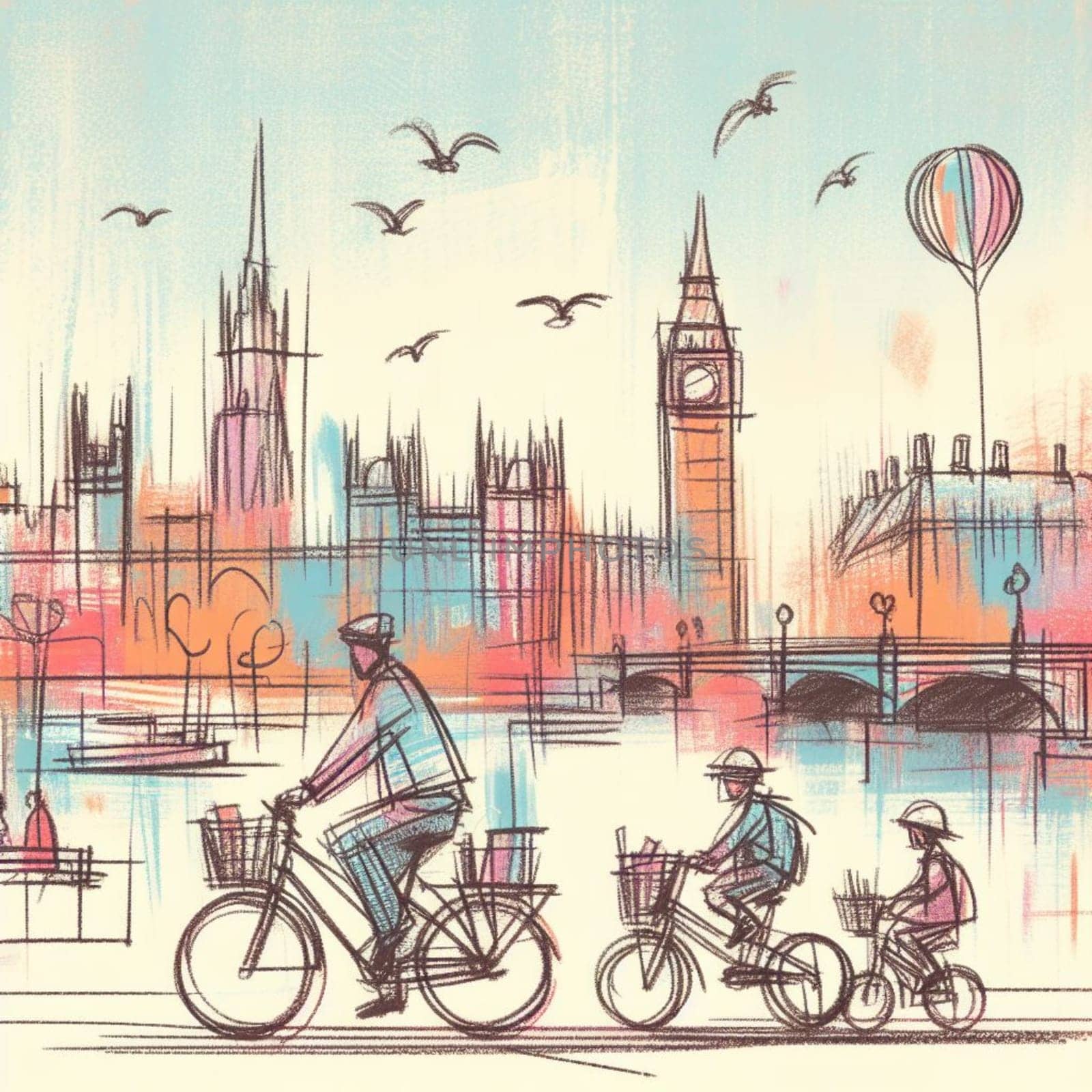 Whimsical, colorful illustration featuring cyclists in the foreground with iconic london landmarks, such as the big ben, in the background, under a sky dotted with birds and a hot air balloon
