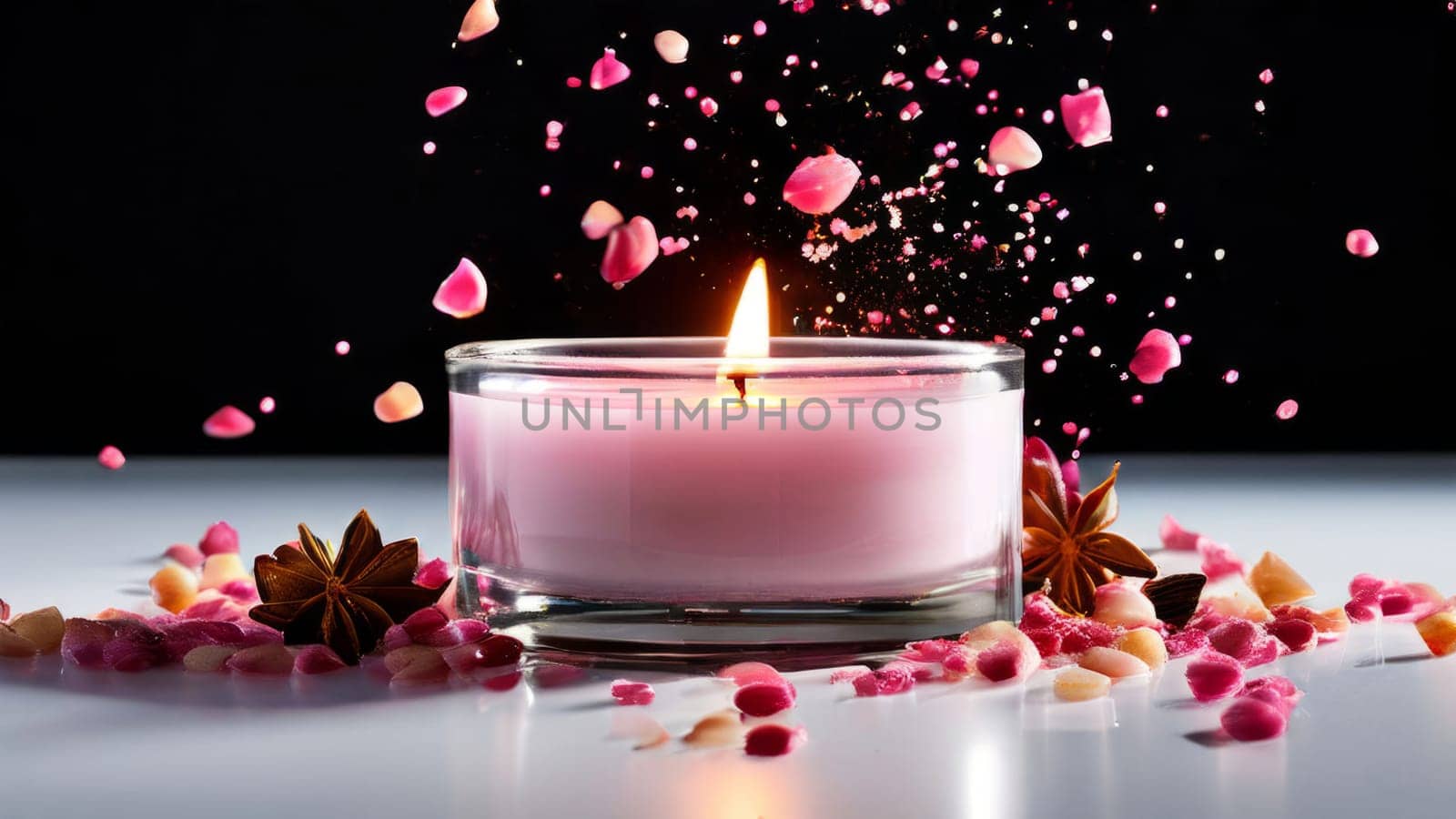 Inviting candle scene with colorful flower petals, citrus slices, and spices. Captures essence of relaxation, ideal for promoting wellness, spa experiences, and home ambiance