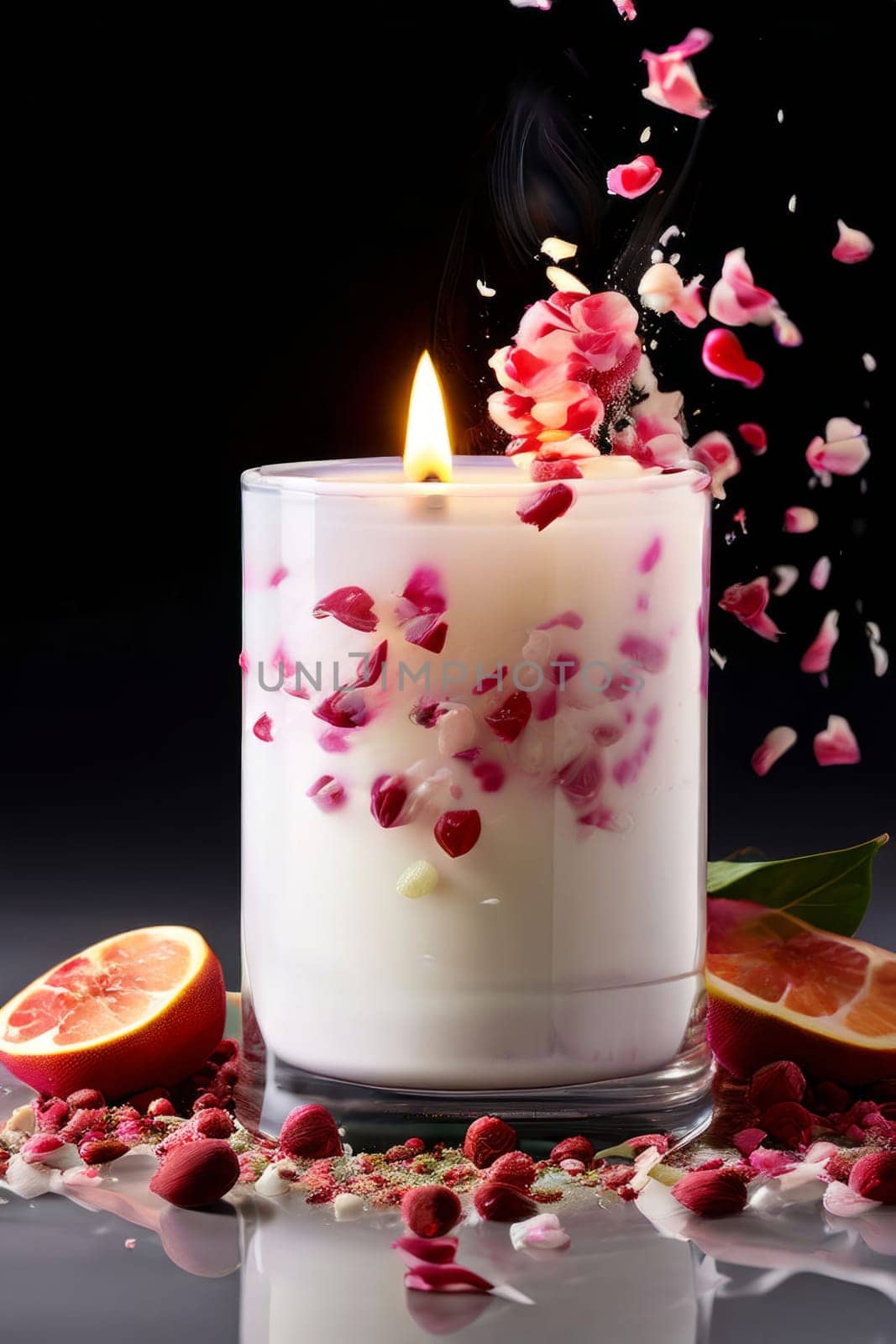 Aromatic candle with fresh fruits, scattered petals, and spices creates a soothing atmosphere. Great for enhancing relaxation, wellness, and lifestyle imagery