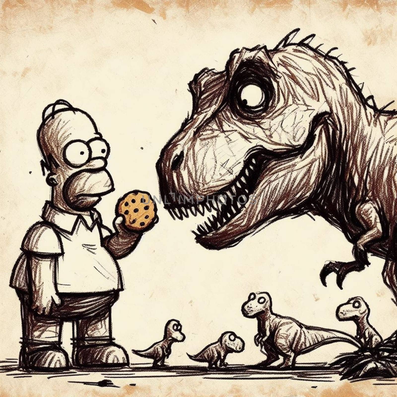 Hand-drawn illustration of a cartoon man holding a cookie confronting a t-rex with baby dinosaurs nearby