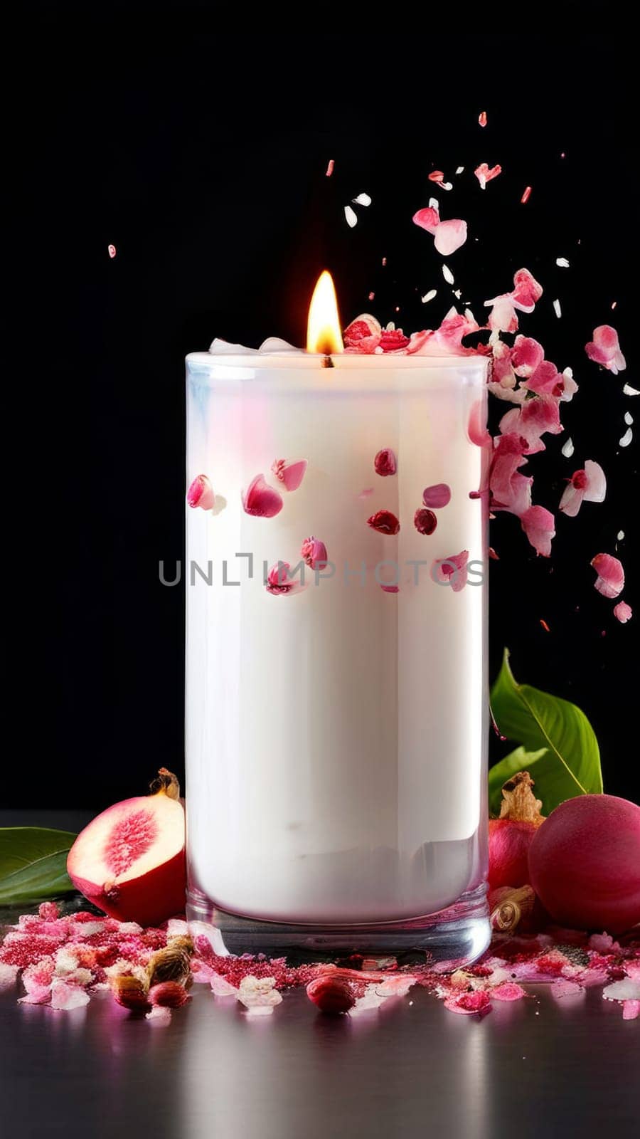 Inviting candle scene with colorful flower petals, citrus slices, and spices. Captures essence of relaxation, ideal for promoting wellness, spa experiences, and home ambiance