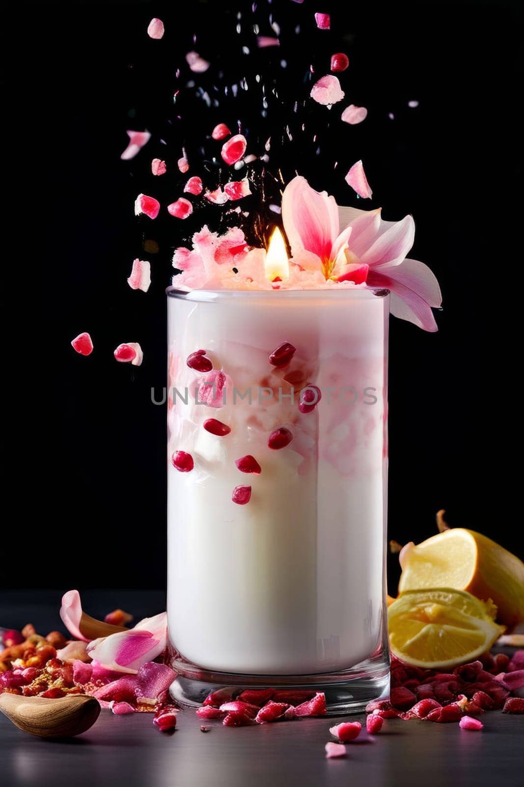 Aromatic candle with fresh fruits, scattered petals, and spices creates a soothing atmosphere. Great for enhancing relaxation, wellness, and lifestyle imagery