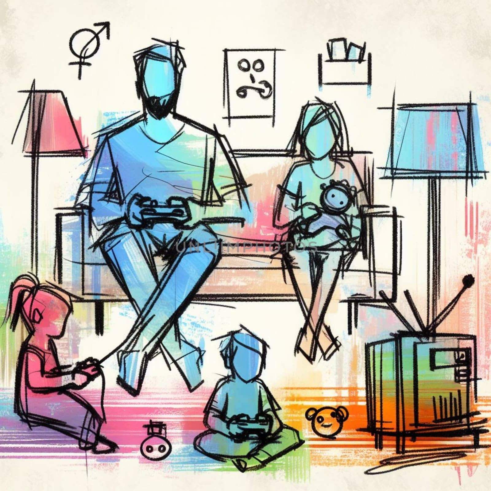 Vibrant hand-drawn sketch of a family engaged in video gaming, with a retro television and classic game console, evoking nostalgia and highlighting family bonding through technology