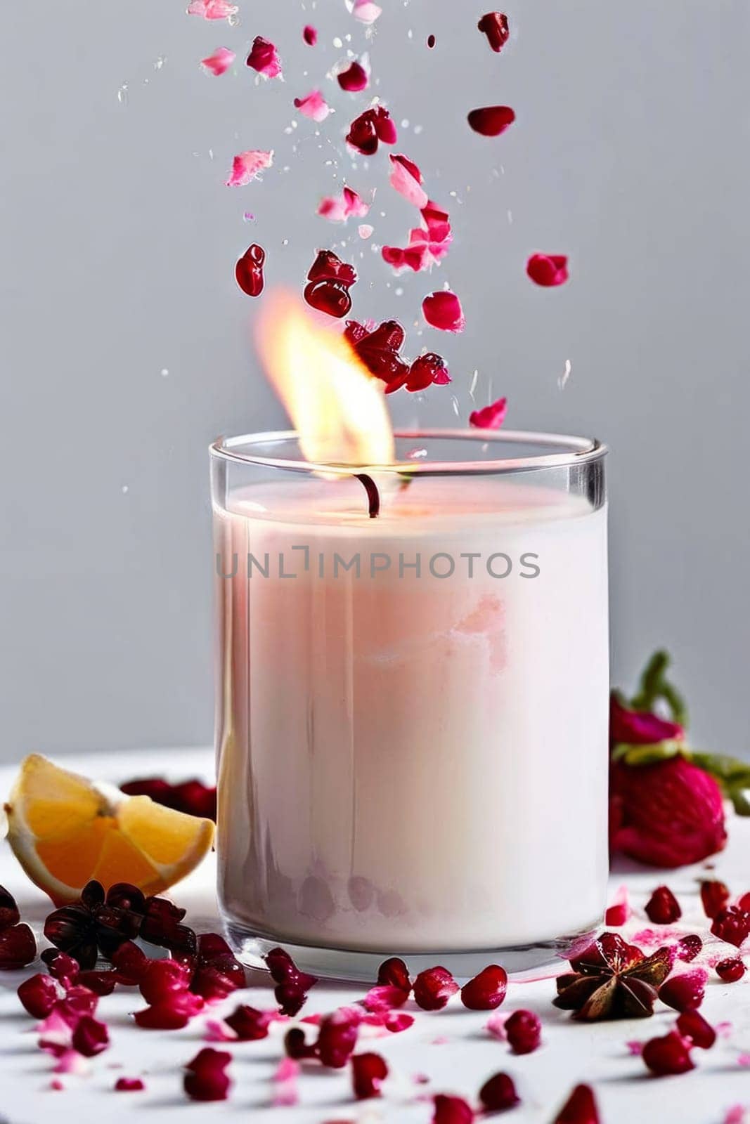Inviting candle scene with colorful flower petals, citrus slices, and spices. Captures essence of relaxation, ideal for promoting wellness, spa experiences, and home ambiance