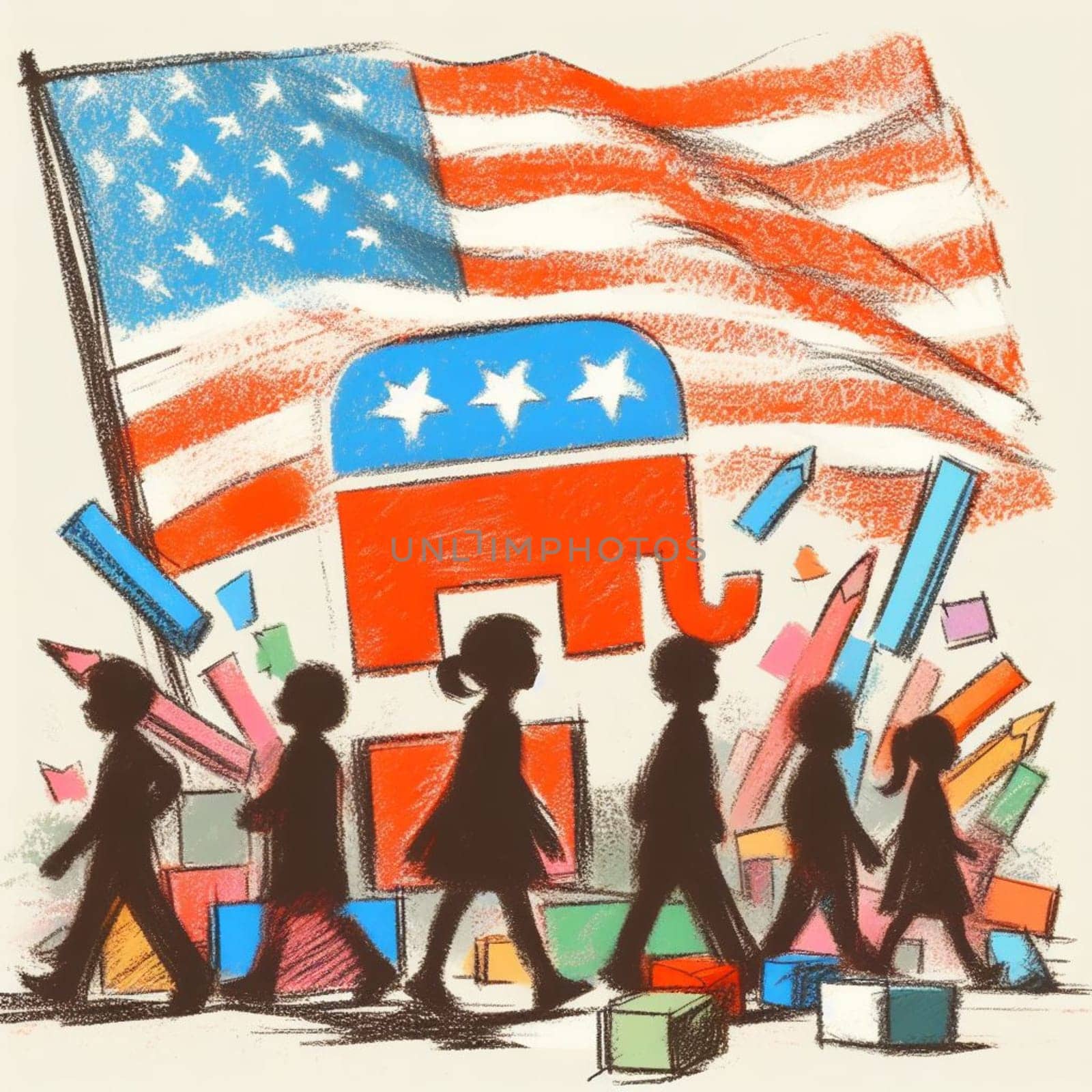 Minimalist style pastel drawing of children with american flag using colorful sticks