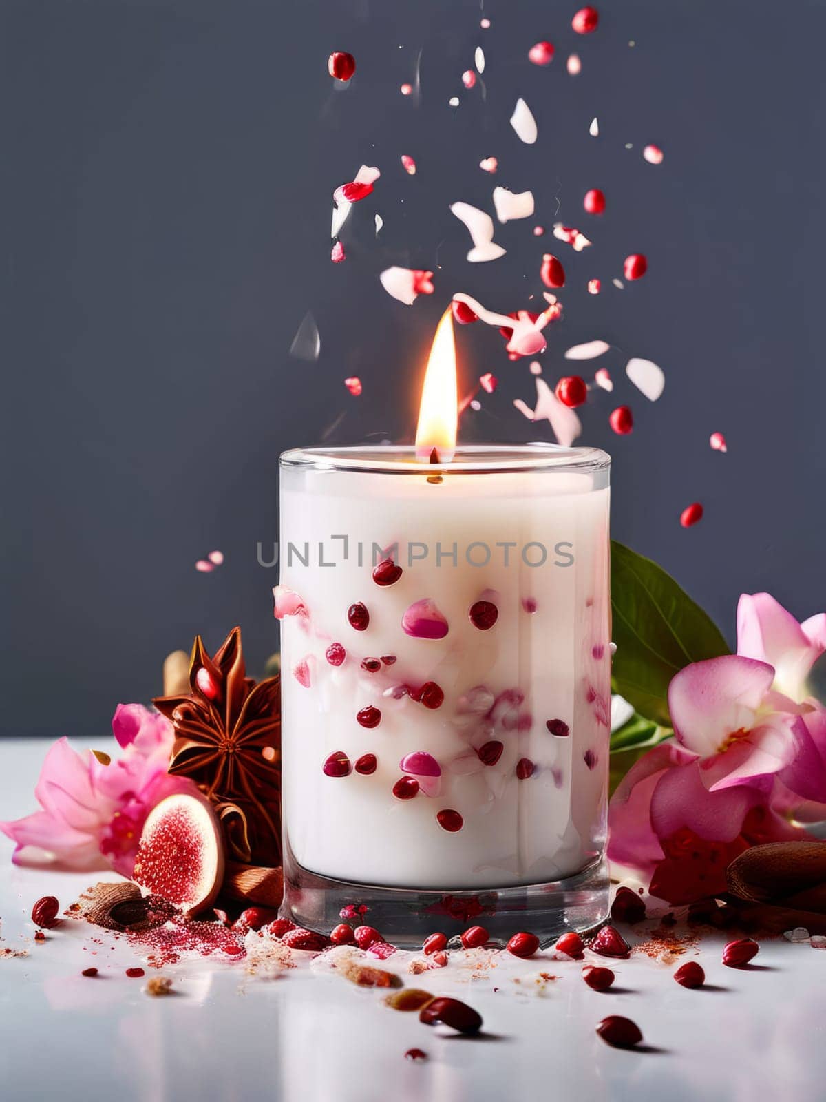 Elegant candle surrounded by vibrant petals, fresh fruits, and aromatic spices. Perfect for creating a cozy atmosphere, ideal for wellness, home decor, and holiday themes