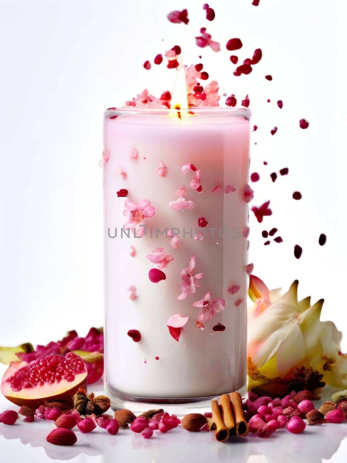 Inviting candle scene with colorful flower petals, citrus slices, and spices. Captures essence of relaxation, ideal for promoting wellness, spa experiences, and home ambiance