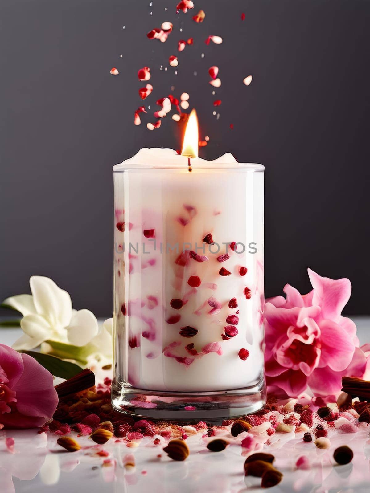 Aromatic candle with fresh fruits, scattered petals, and spices creates a soothing atmosphere. Great for enhancing relaxation, wellness, and lifestyle imagery